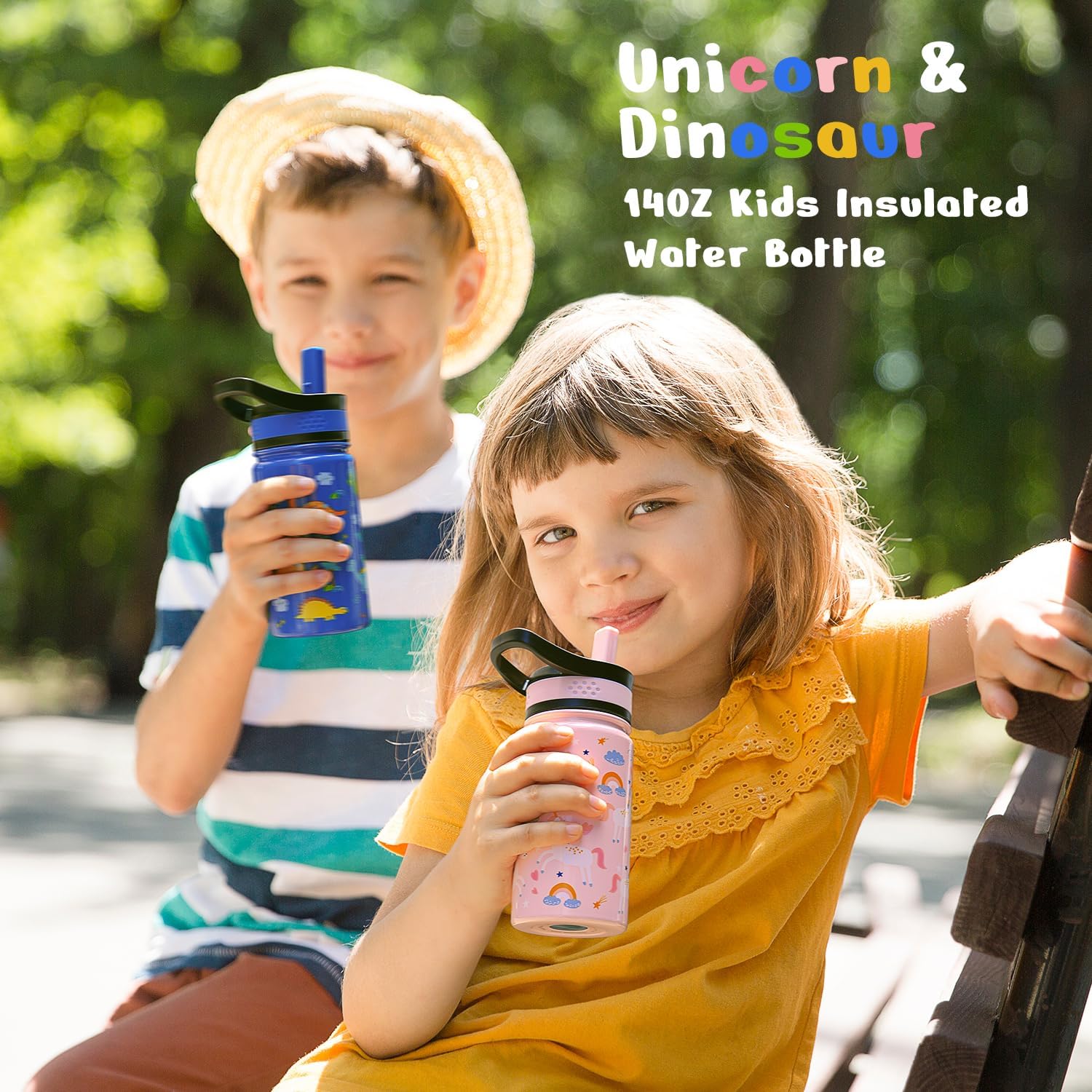 2-Pack Kids Water Bottle, BUZIO 14 oz Toddler Stainless Steel Insulated Water Bottles with Tritan Straw Lid, Leak Proof BPA-Free Wide Mouth Drink Flask for Shcool Boy Girl (Pink Unicorn+Blue Dinosaur) - Image 7