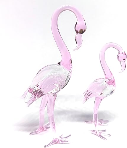 Miniatura 2 de ZOOCRAFT Exquisito par de figuras de flamenco de vidrio rosa, arte de vidrio soplado hecho a mano para decoración del hogar, amantes de los animales