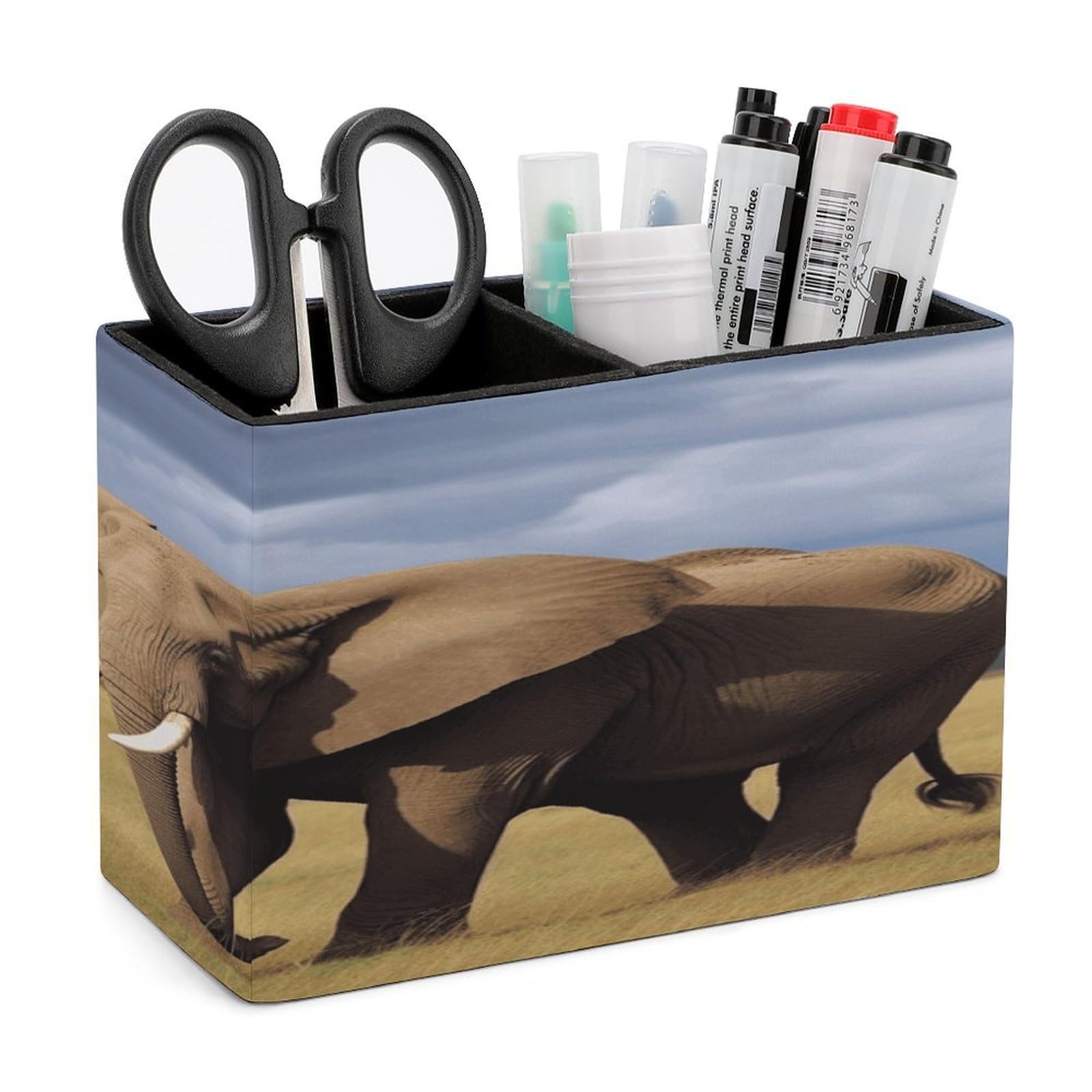 VstaDank Africa Grassland Elephant Pencil Holder for Desk(Double Slots) Fashion Leather Pencil Cup Simple Rectangular Shape Pen Holder Multi-Functional Pen Cup for Home Office Supplies Storage