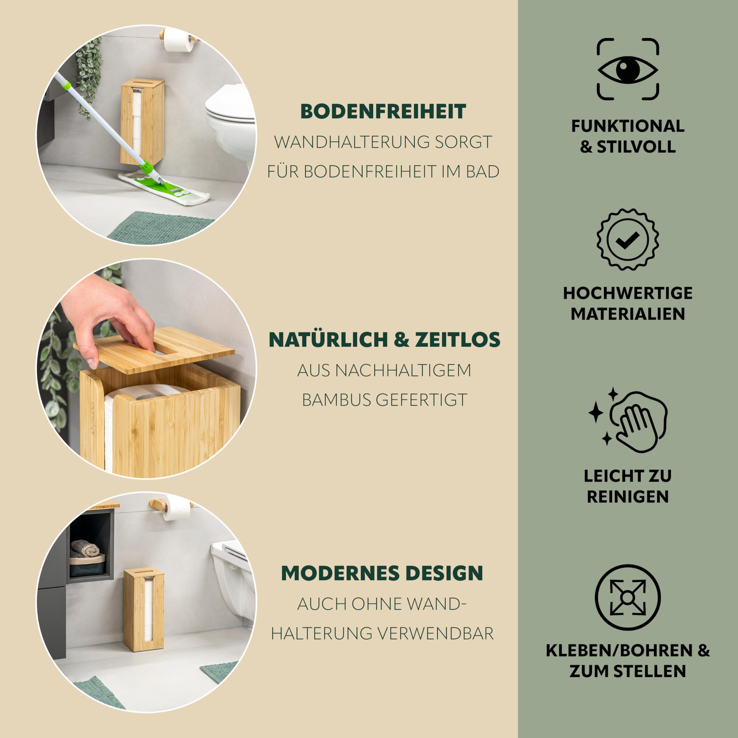 portarotolo eluno per 3 rotoli di ricambio in bambù dal design naturale, portarotolo con coperchio e ripiano, portarotolo facilmente ricaricabile, portarotolo da incollare o forare