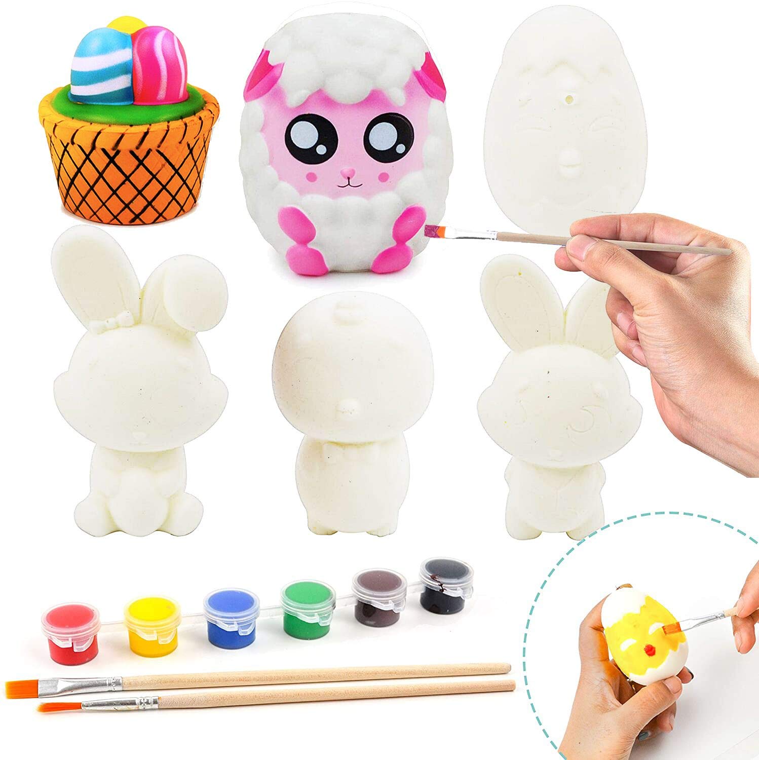 JOYIN 6 Pcs Easter Squishy Toy Coloring Craft Kit Easter DIY Paint Your Own Squishy Toy Kit Animal Character Including Paints and Brushes for Egg Hunt, Basket Stuffer, Party Favors