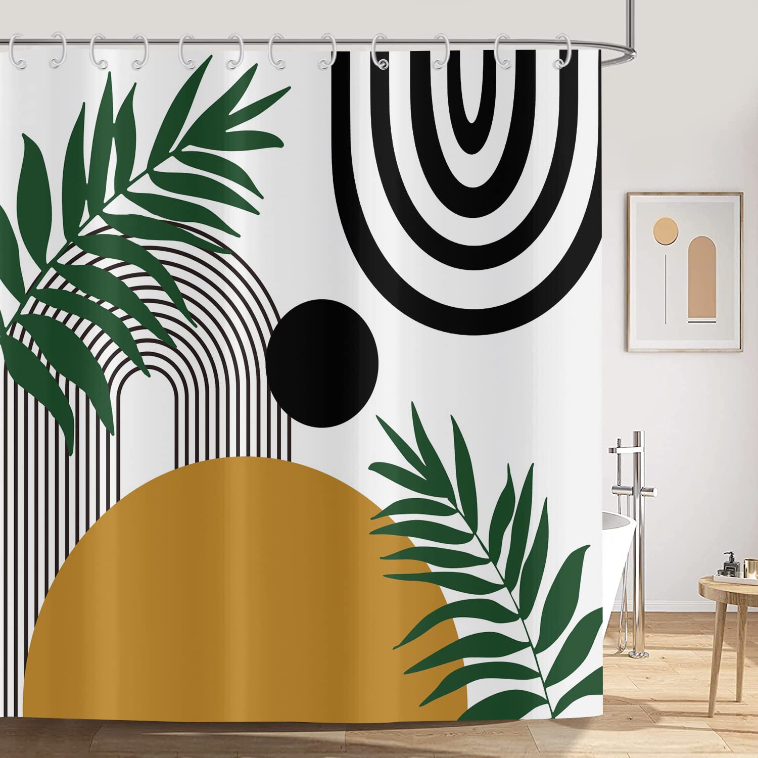 ASDCXZ Shower Curtain 120x200 cm Boho Style, Modern Abstract Art Sun Green Leaves Line Bath Washable Shower Curtains Polyester Textile Waterproof Shower Curtain for Bathtub with 8 Hooks โ image 1