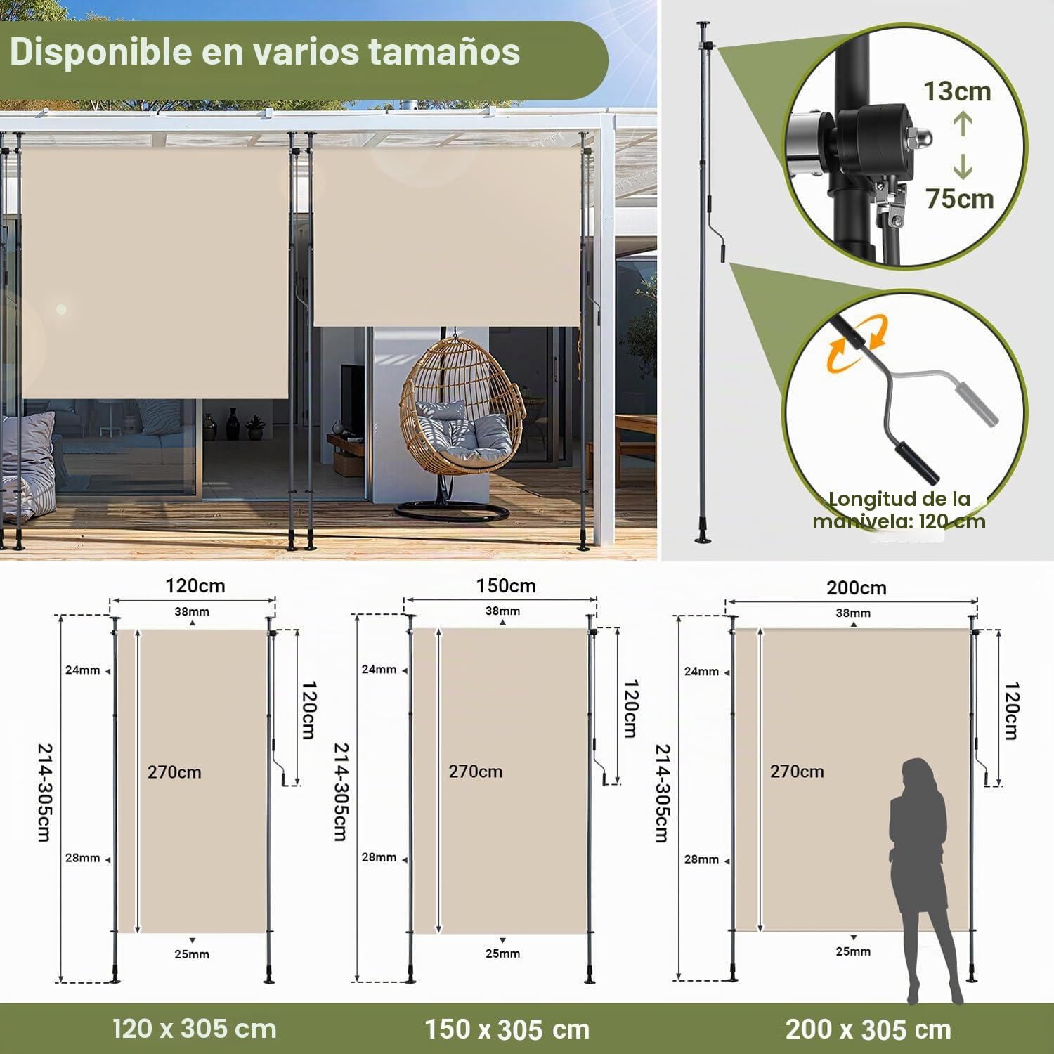Toldo de abrazadera Toldo vertical exterior de 200 x 305 cm, extensible, toldo vertical con manivela manual sin taladrar, protección visual para balcón y protección contra el viento para