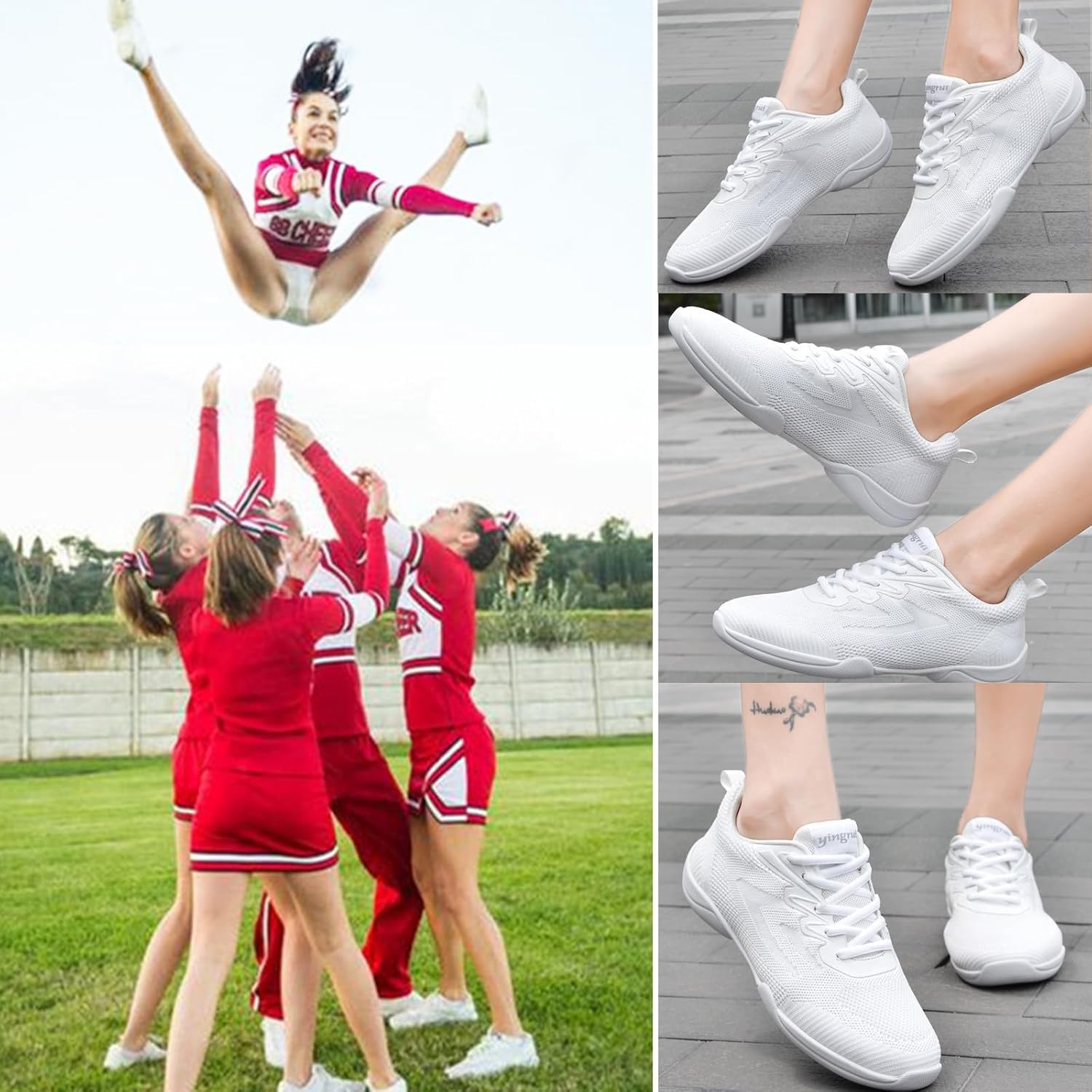 DADAWEN Adult & Youth White Cheerleading Dance Shoes Athletic Training Lightweight Competition Tennis Sneakers Cheer Shoes