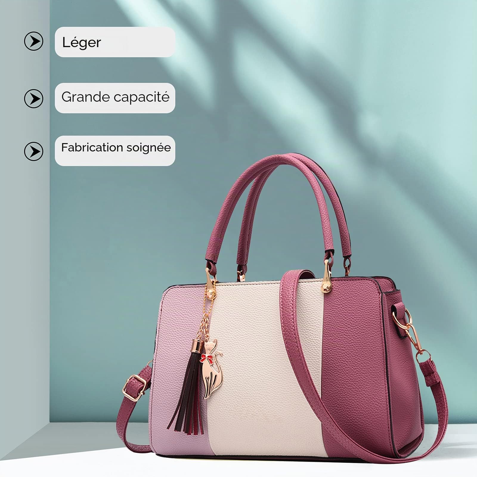 FANDARE Élégant Femme Sac a Main Sacoche avec Pendentif Sacs Cabas Imperméable Cartable pour Achats Fête Voyage Sac D'épaule Rose