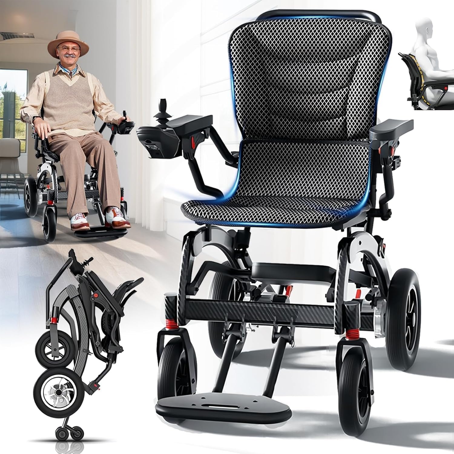 Silla de ruedas eléctrica plegable portátil ultraligera para adultos y personas mayores, batería de 10 AH, alcance de 20 km, aprobada por aviación, altura de pierna ajustable