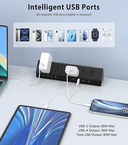 Miniatura 5 de Regleta de alimentación de 65 W, estación de carga rápida de 65 W, 4 PD USB-C, 5 tomacorrientes, protector de sobretensiones en torre de montaje en