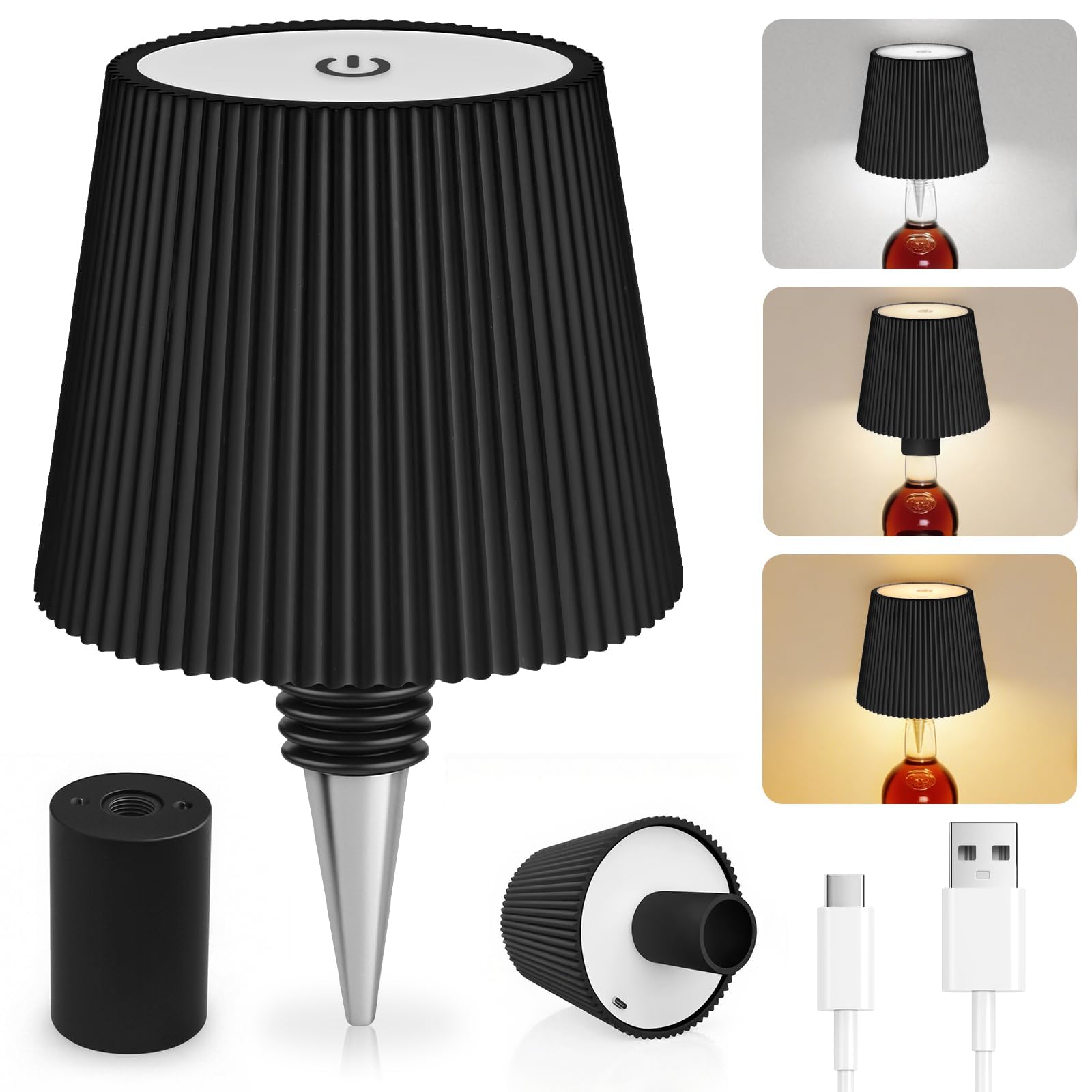 Flaschenlampe Aufsatz LED Aufladbar, 3 Einstellbare Farbtemperaturmodi, Touch Flaschen-Lampe, Schutzart IP54, Kabelloses USB Aufladbar Tischlampen, für Restaurant, Schlafzimmer, Garten, Bar.(Schwarz)