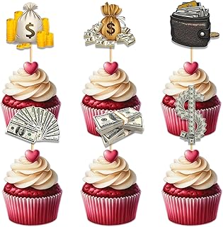 Glitter 18pcs Cupcake Topper for Money Dollar Rich Theme Party Favors Decorations Men Boys Happy Birthday Party Decor Supplies