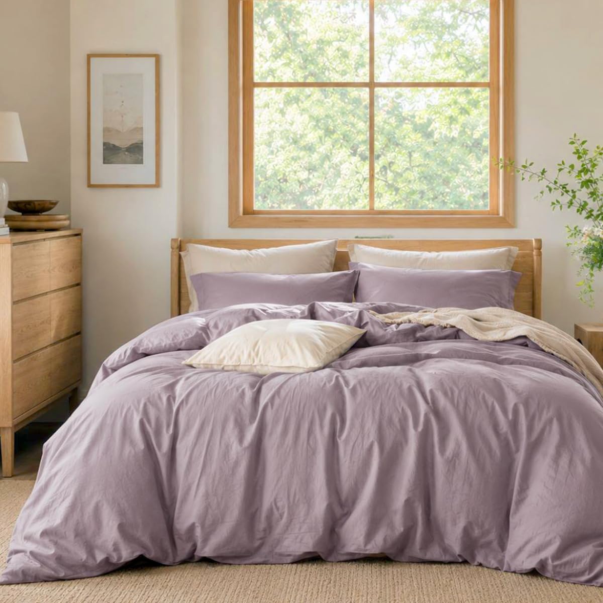 Lanqinglv Lila Bettwäsche 135x200 Baumwolle,Stone Washed,Renforce | ÖKO-TEX Zertifiziert,Leinenoptik Bettwäsche Allergiker,4 Jahreszeiten Set,Bettbezug 1 Kissenbezüge 80x80 mit Reißverschluss