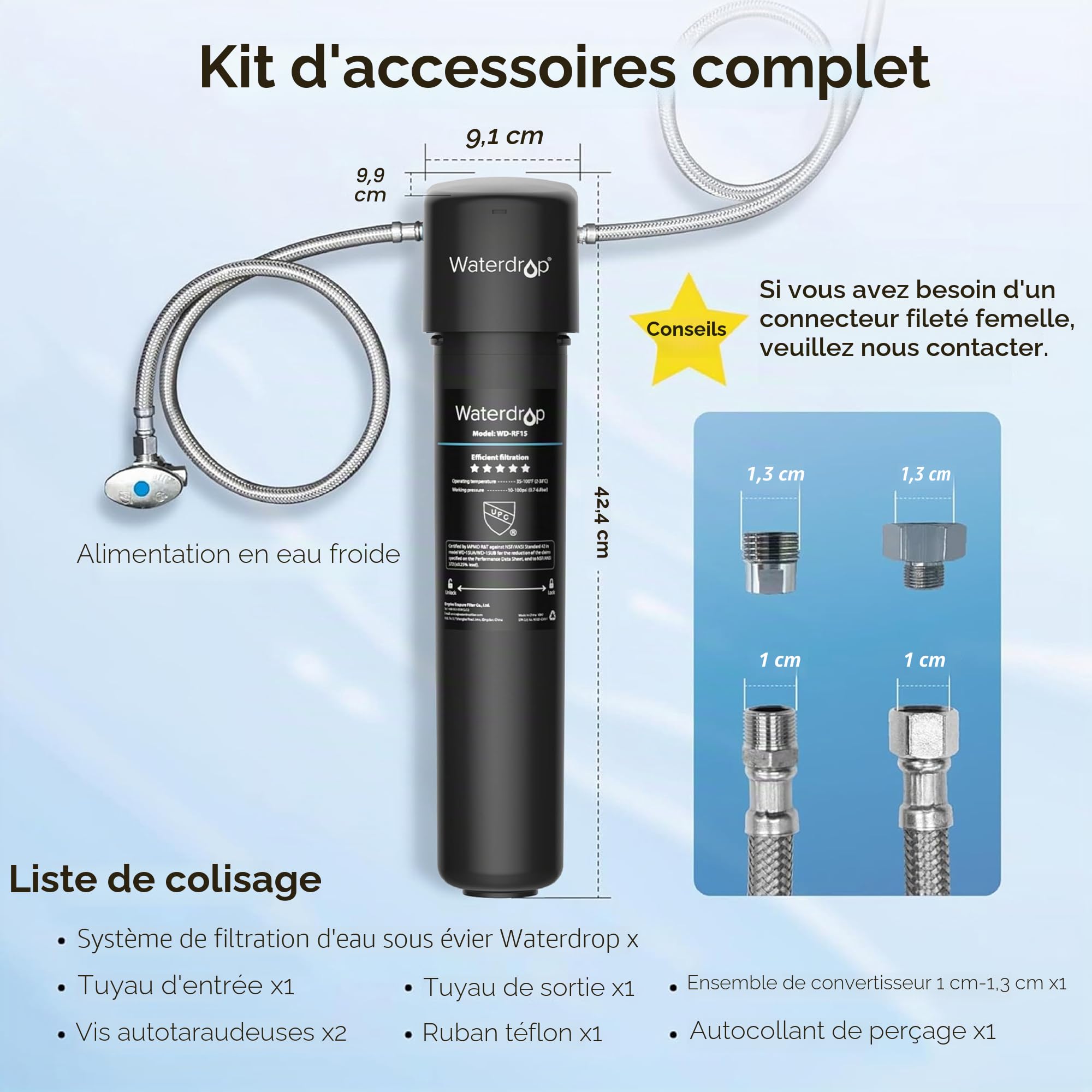 Waterdrop 15UA Système de Filtre à Eau sous le Comptoir, Connexion Directe au Robinet de Cuisine, Capacité de Réduction de Chlore Elevée de 60000 Litres, USA Tech