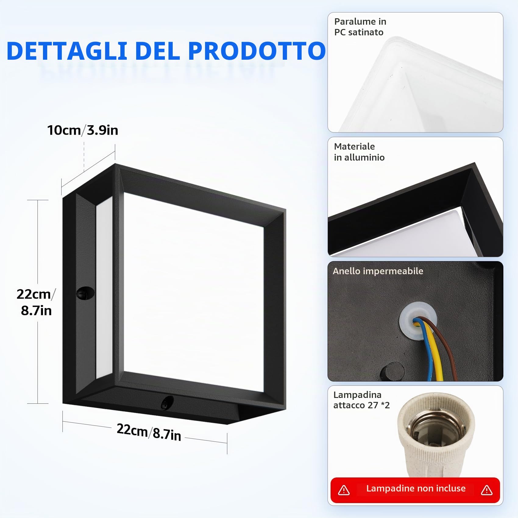 Klighten 2 Pezzi Applique da Parete E27x2 Esterno/Interno,Max 60W,IP65 Impermeabile per Interni ed Esterni,PC + Aluminio,Lampadina Non Inclusa,Nero