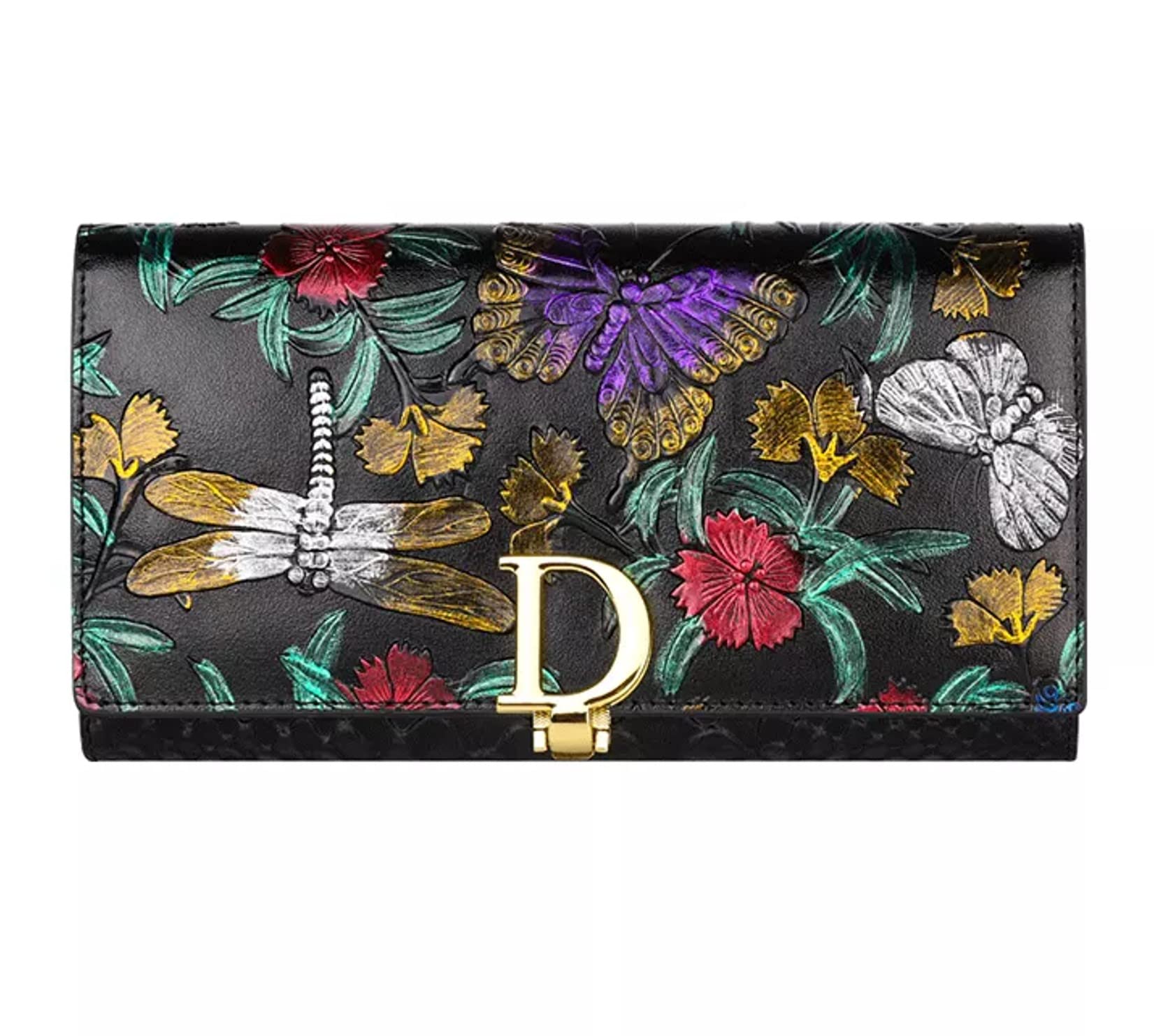 Aslana Genuine Leather Wallet for Women, RFID Blocking Floral Hand Painted Embossed Large Capacity Clutch Purse (Colorful Dragonfly)