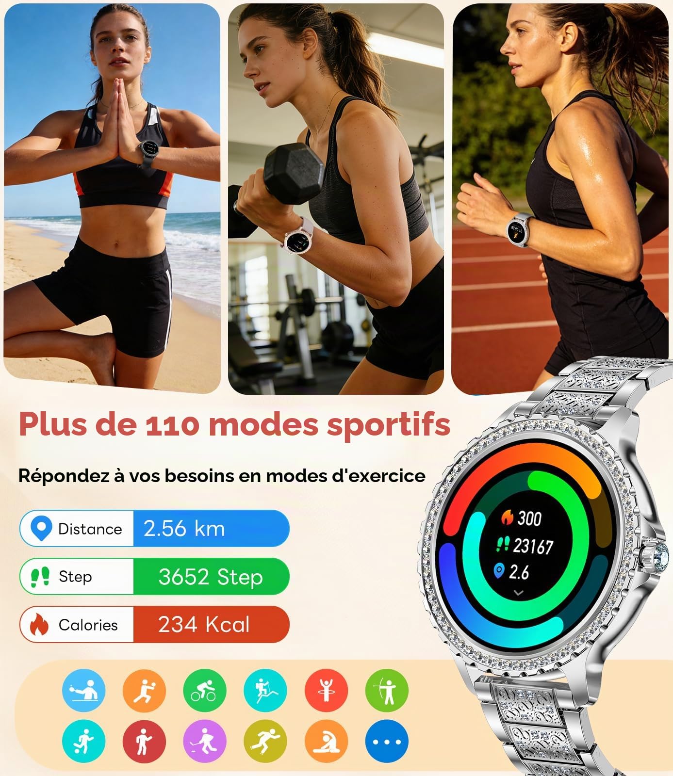 Montre Connectée Femme avec Diamant, 1,32" Écran Smartwatch, Appel Bluetooth/Suivi de la Fréquence Cardiaque et Sommeil, 500+ Cadrans, IP68, 110+ Modes Sportifs, Compatible Android iOS, Argenté