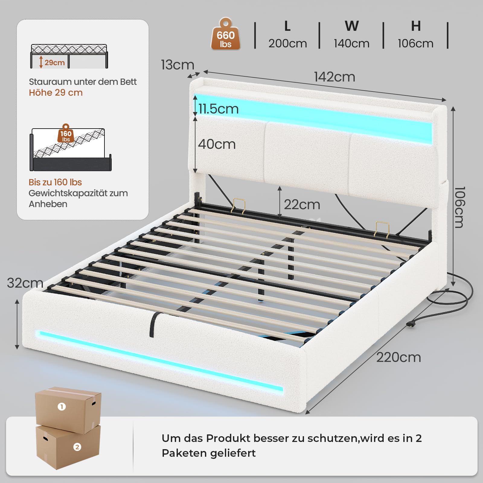 AOGLLATI Polsterbett 140×200 mit Steckdosen und LED-Beleuchtung, Doppelbett mit Stauraum Kopfteil, Bett 140×200 mit Hydraulische Metallrahmen und Lattenrost aus Holz, Bouclé, Beige（Ohne Matratze）