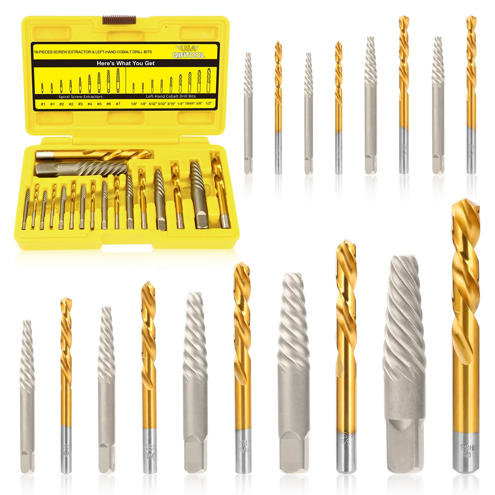 18PCS Screw Extractor Set, Cobalt Left-Hand Drill Bit 6542 HSS & 37# Cr-Mo Steel, Easy Out Broken Bolt Remover for Stripped, Rounded-Off, Damaged Bolts, Screws & Studs Removal Tool (Yellow)