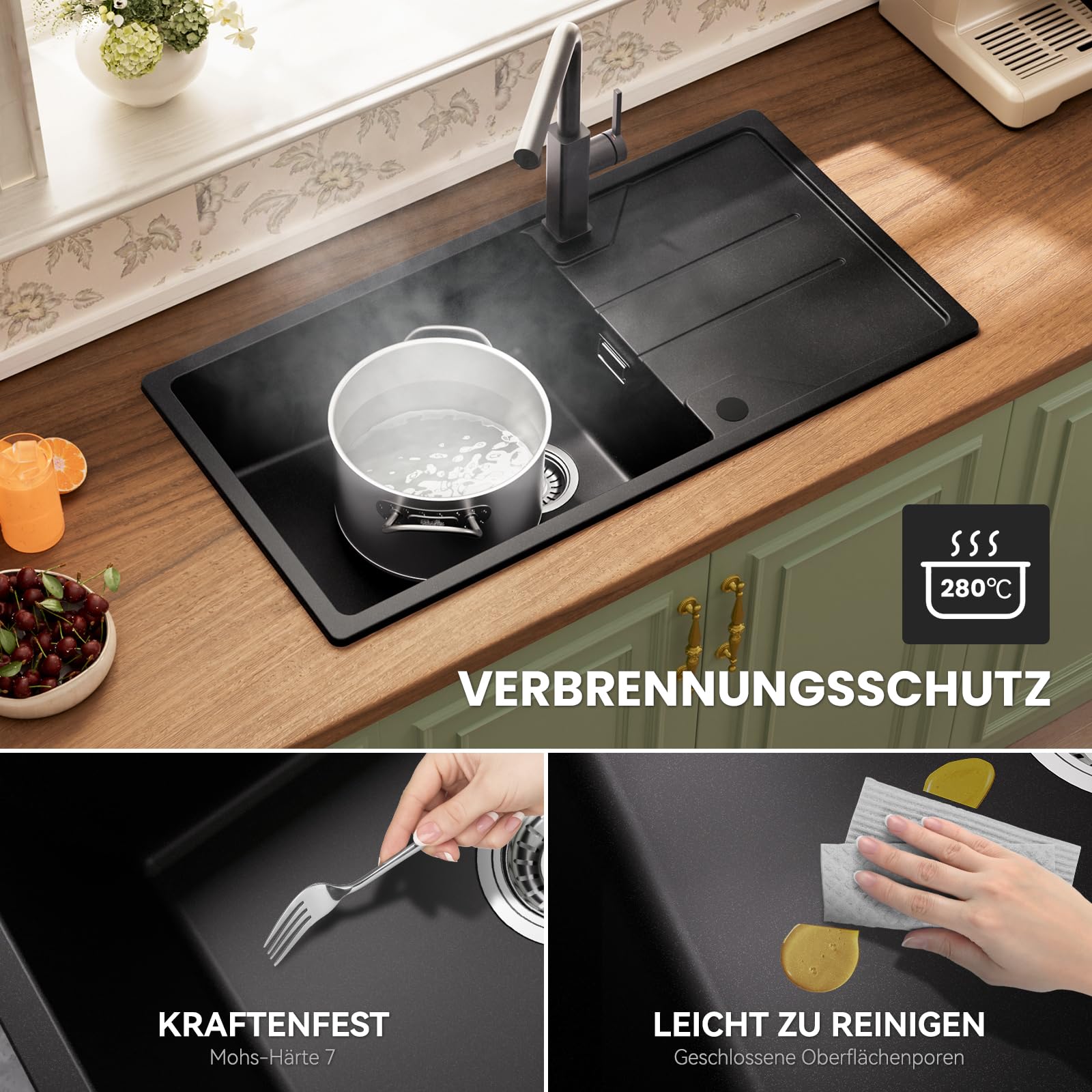 CECIPA Spülbecken mit Abtropffläche 86 x 45 cm, Spüle küche Schwarz, Granitspüle Küchenspüle Graphitschwarz, Küchenwaschbecken, 1 becken, inkl. Siphon Ab- und Überlaufgarnitur | Spülbecken mit Abtropffläche 86 x 45 cm, Spüle küche Schwarz, Granitspüle Küc