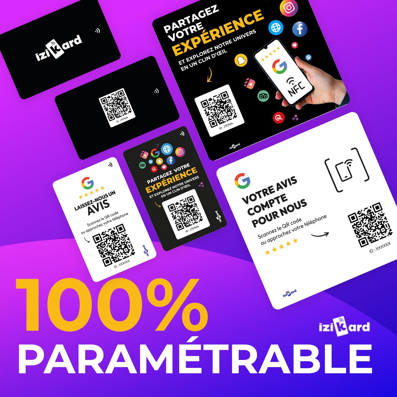 Carte NFC avis Google QR Code puce NFC collecter avis clients format carte rigide personnalisée Izikard