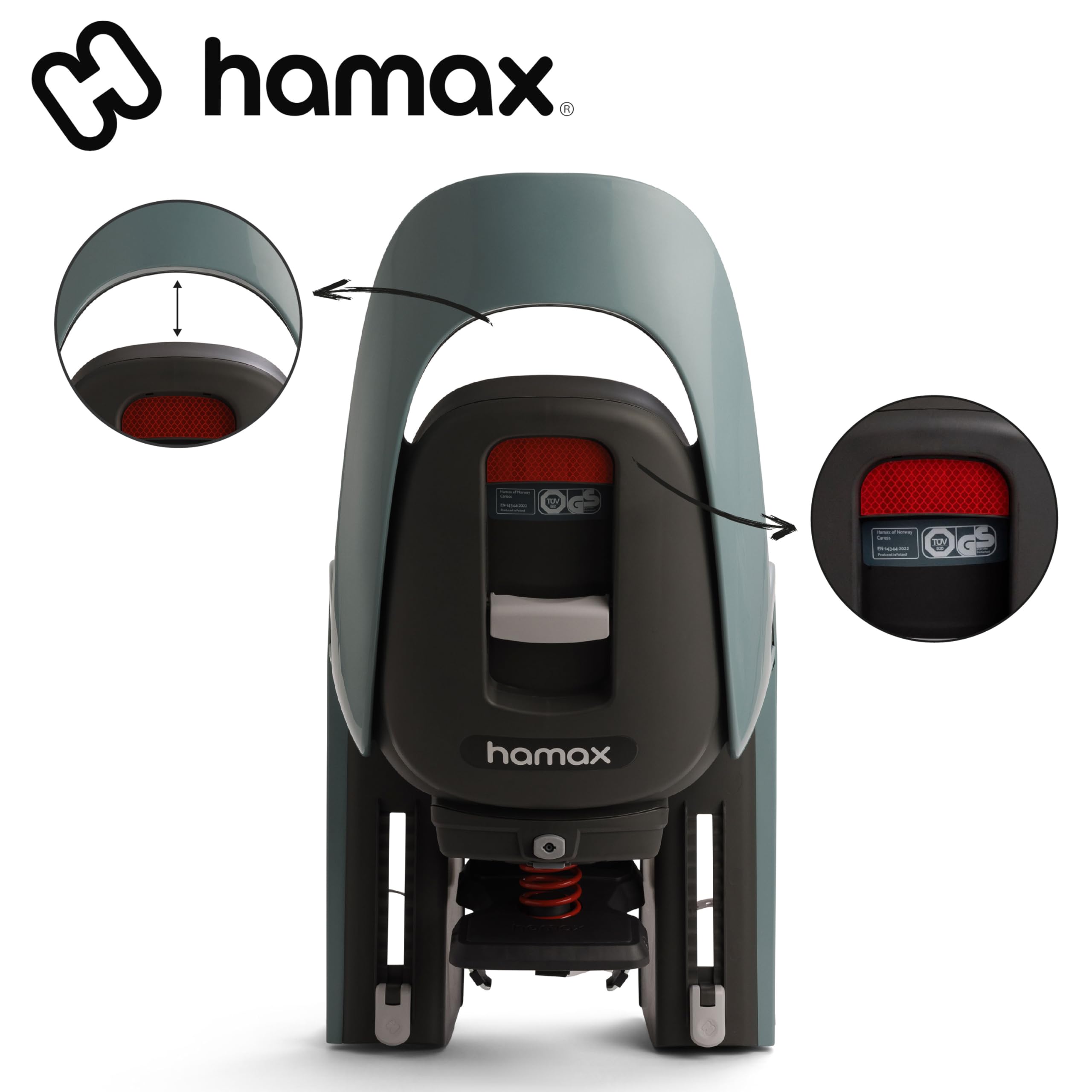 Hamax Porte Bébé Vélo Caress Vert/Noir Siège Inclinable 20° Sécurité 3 Points Protection Imperméable