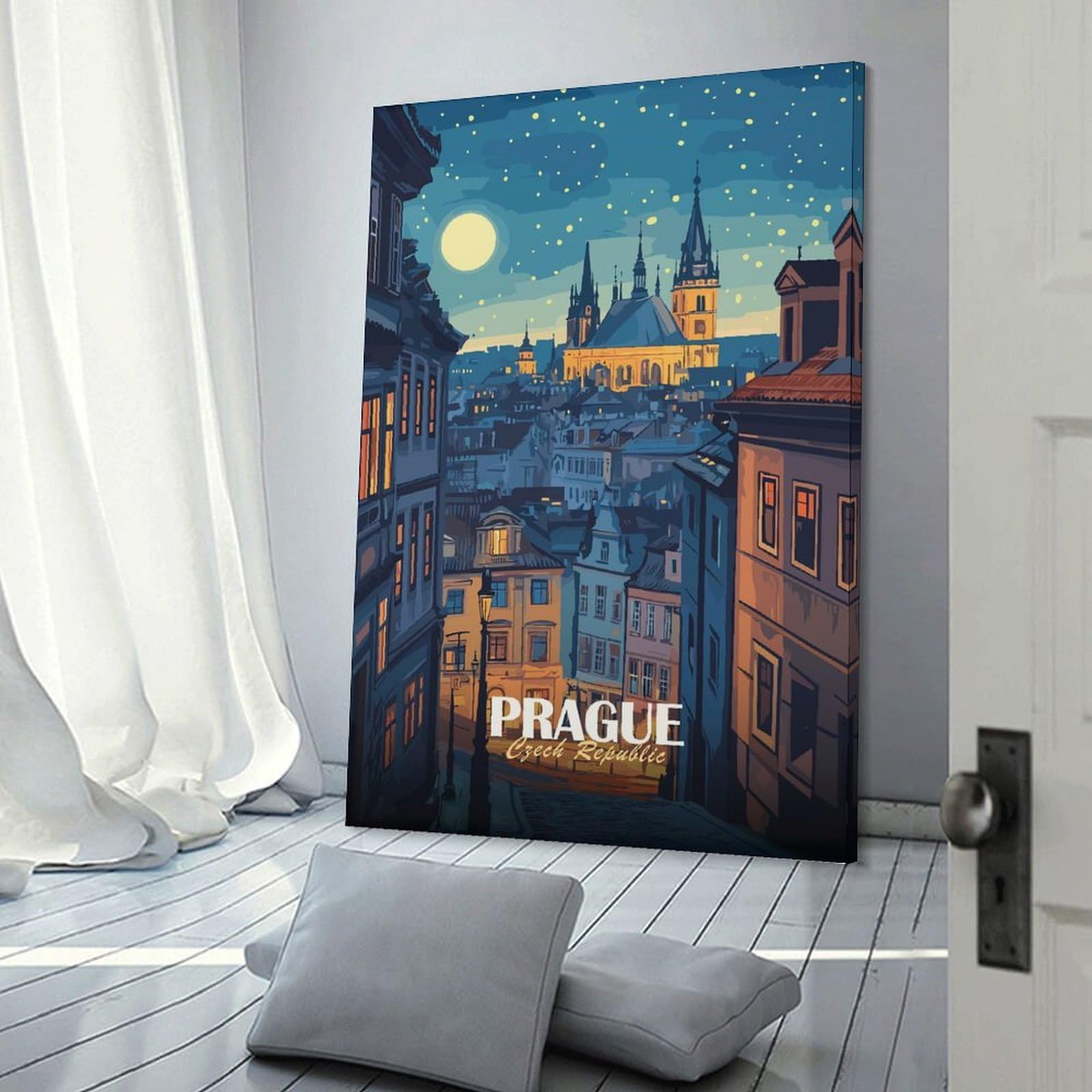 Junmoney Prague Czech Republic Night Cityscape Wall Art Print, 20x30inch(50x75cm), for Wall Displays, Bedrooms Or Room Updates, A Versatile Canvas Print for Layering