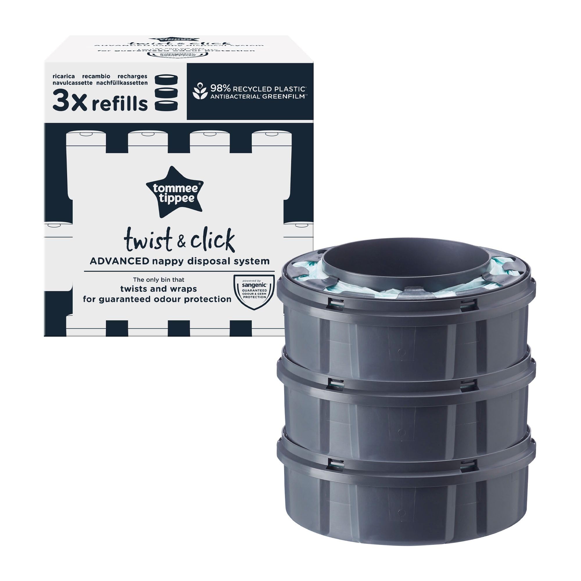 Recharges pour poubelles à couches Twist & Click de Tommee Tippee, GREENFILM antibactérien durable, pack de 3