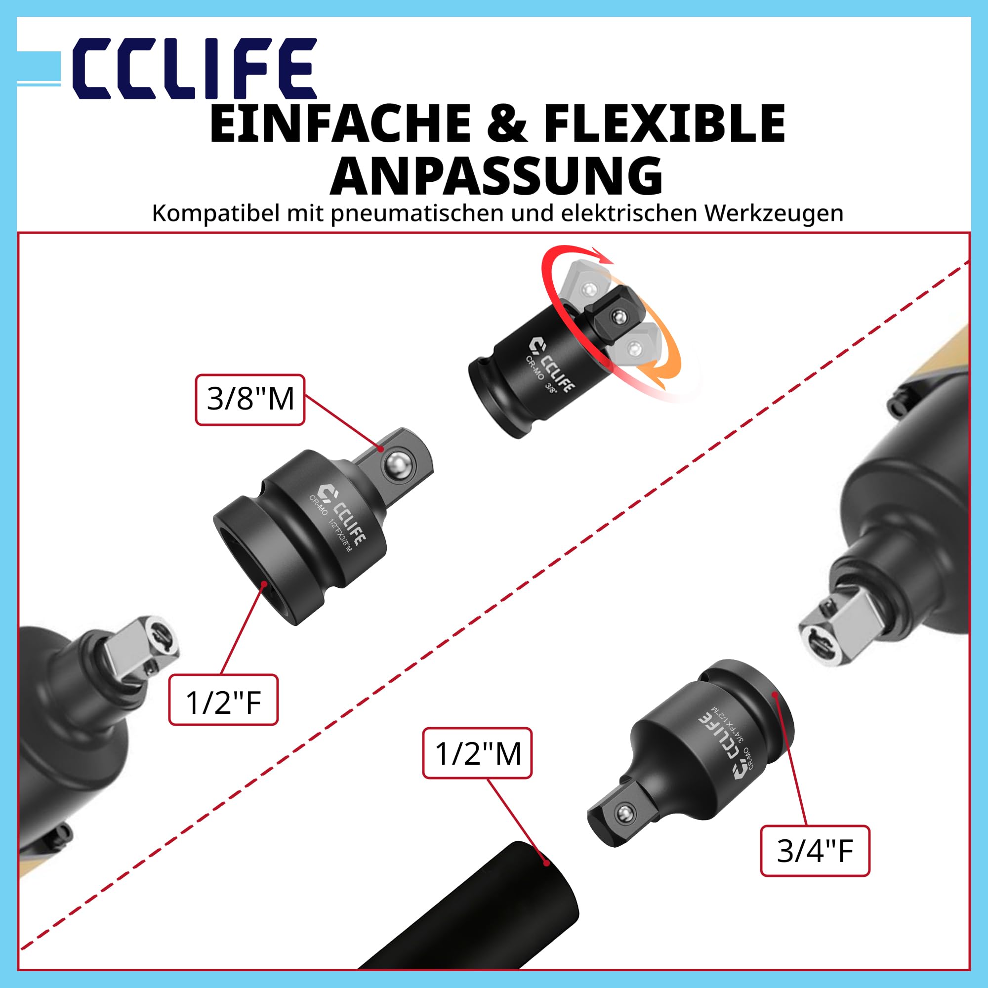 CCLIFE 11-częściowy zestaw adapterów do kluczy nasadowych Impact Cr-Mo ze stali | reduktorki 1/4", 3/8", 1/2", 3/4" do 1", uniwersalny przegub do wkrętarki udarowej, samochodów osobowych, ciężarowych