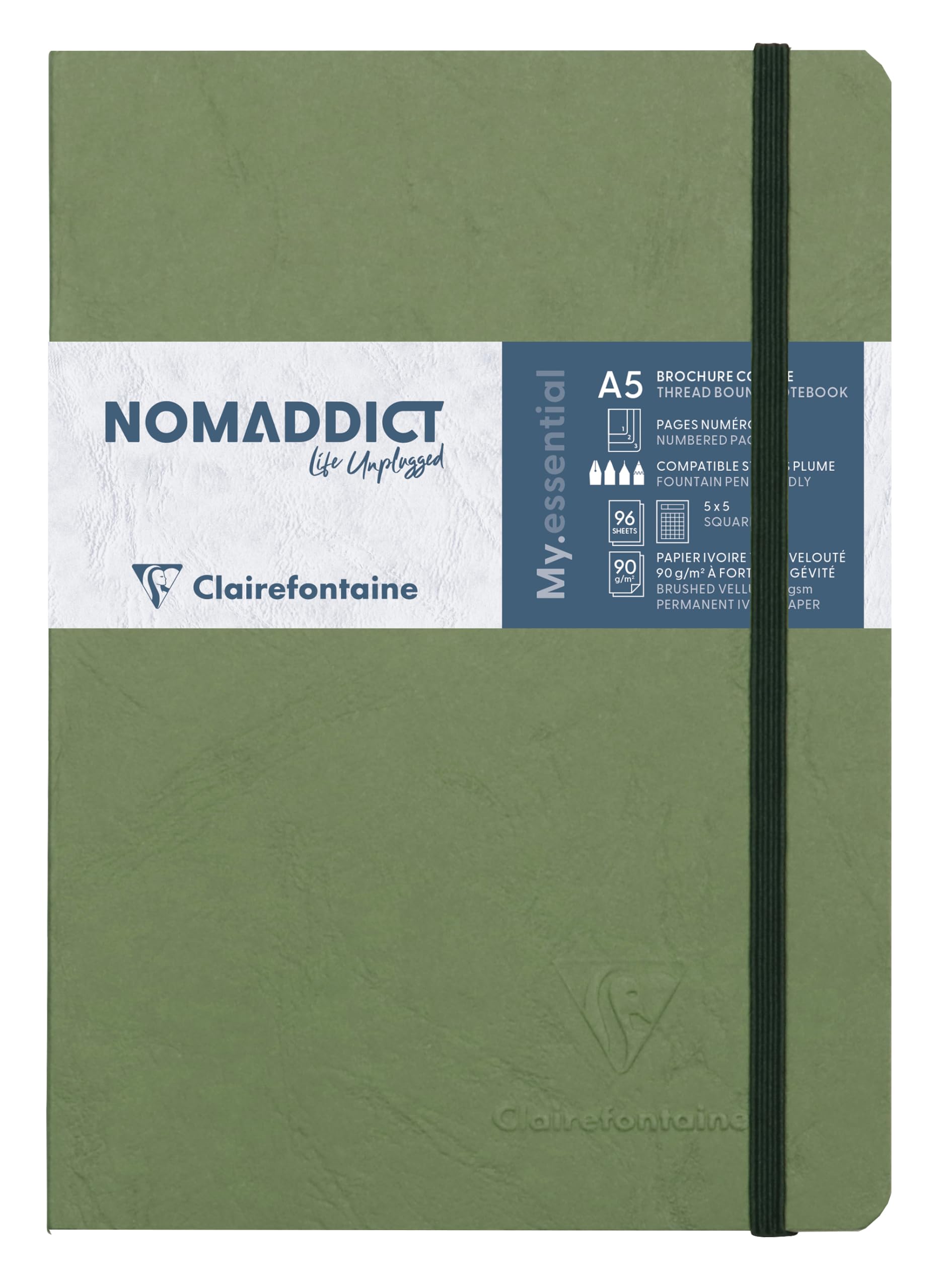 Clairefontaine 793423C Kolekcja Age Bag Notes elastyczny, szyty My.Essential zielony – A5 14,8x21 cm – 192 numerowane strony w kratkę – Papier w kolorze kości słoniowej 90 g – okładka kartonowa