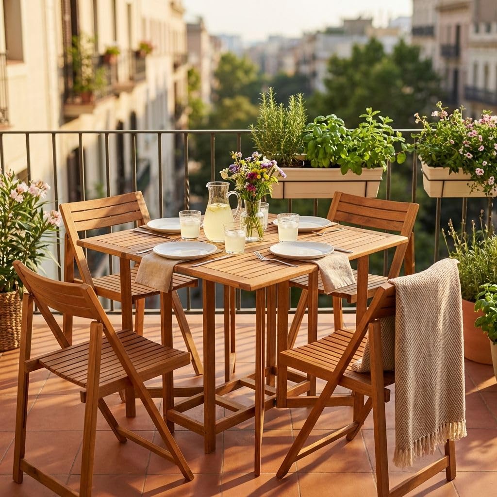 milani home Set Tavolo + 4 Sedie in Legno di Acacia per Esterno Giardino Portico Ristorante Bar Hotel Albergo Agriturismo