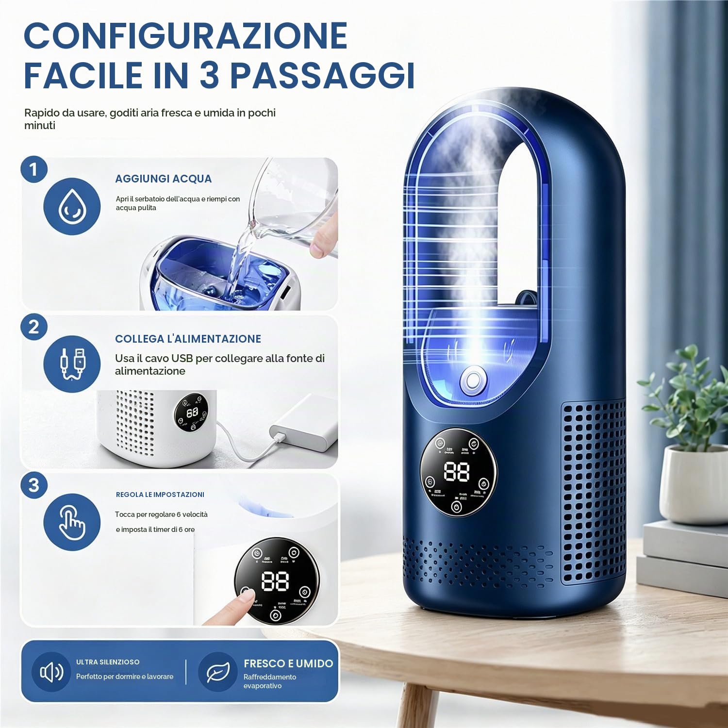 Ventilatore condizionatore portatile, mini condizionatore silenzioso senza pale con 6 velocità del vento e timer 1-6H, umidificatore, alimentato tramite USB, unità mini AC a risparmio energetico, da