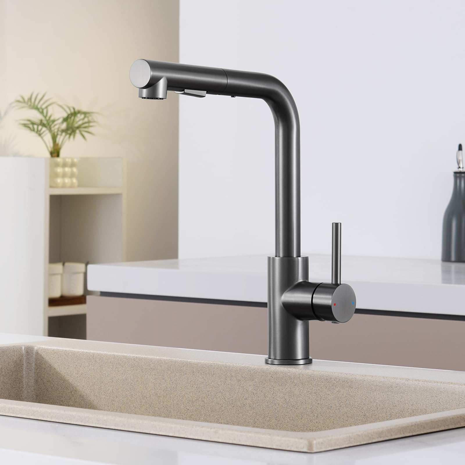 Robinet de cuisine noir anthracite - Robinet de cuisine extensible haute pression - Mitigeur de cuisine avec douchette - Deux types de jet d'eau - Robinet d'évier en acier inoxydable