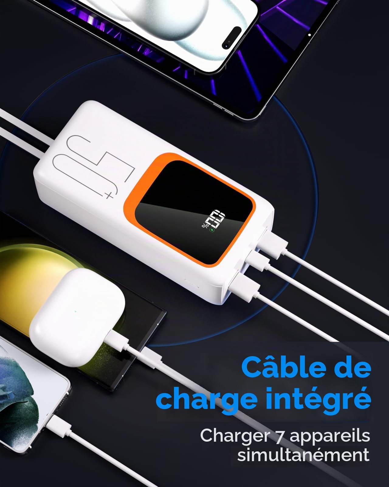 Batterie externe 50 000 mAh avec câble intégré : batterie externe à charge rapide de 22,5 W de grande capacité, chargeur portable avec lampe de poche LED et 7 sorties et 3 entrées