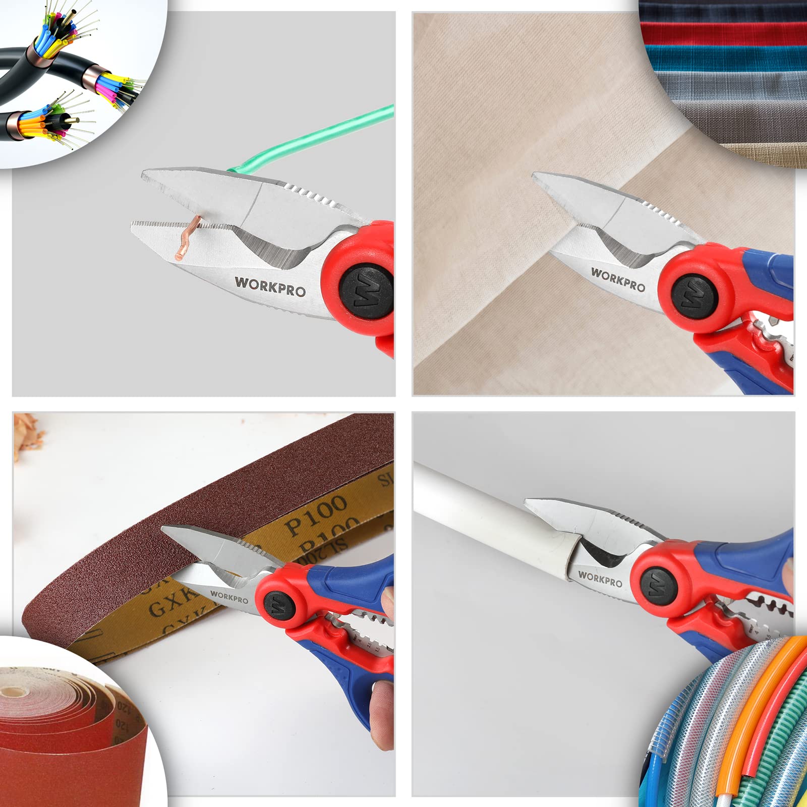 WORKPRO Tijeras Electricista Multifuncionales de Acero Inoxidable 163 mm, Tijeras con Pelacables y Funda de Clip, Herramienta para Cortar Cables y Alambres, Cortadora Profesional para Electricistas
