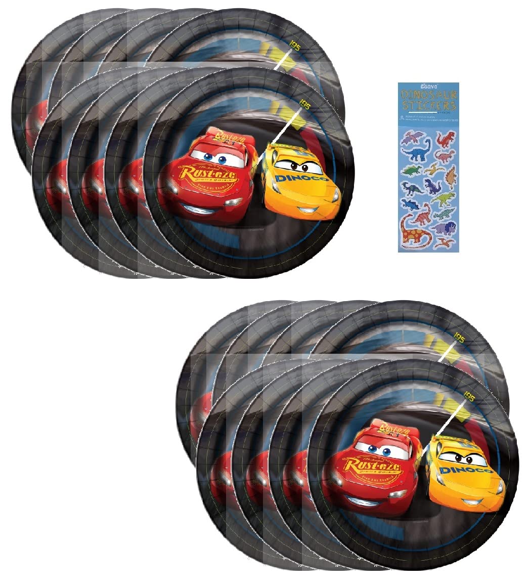 Unique Cars Birthday Party Supplies Bundle Pack includes 16 Dessert Cake Paper Plates and 1 Dinosaur Sticker Sheet