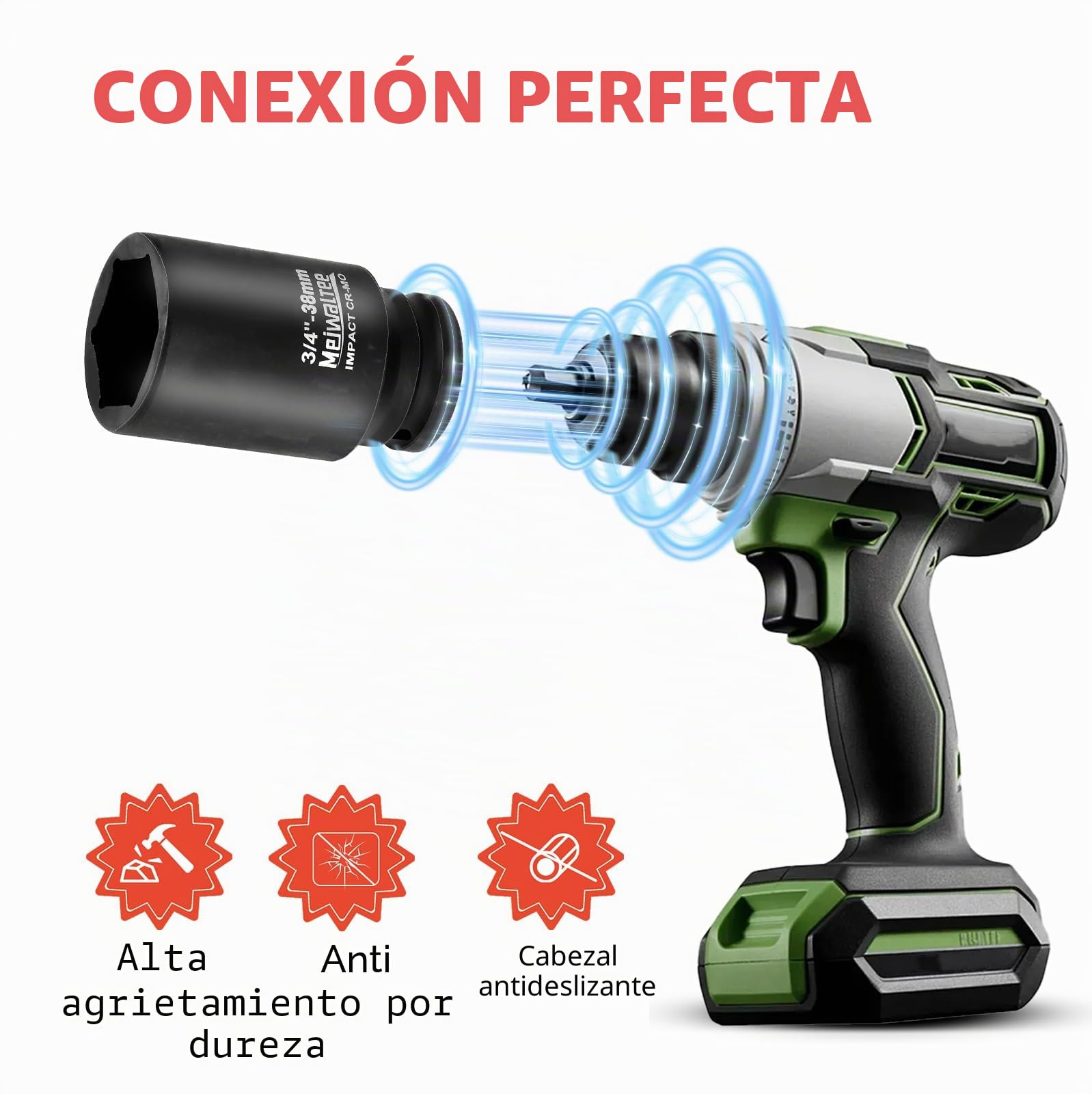 3/4" Juego de Llaves de Impacto | 17 - Piezas Jumbo Surtido de Llaves de Impacto Profundo Tamaños Métricos 17-38MM | Barra de extensión | 6 Puntos Torque | Acero Cr-Mo.