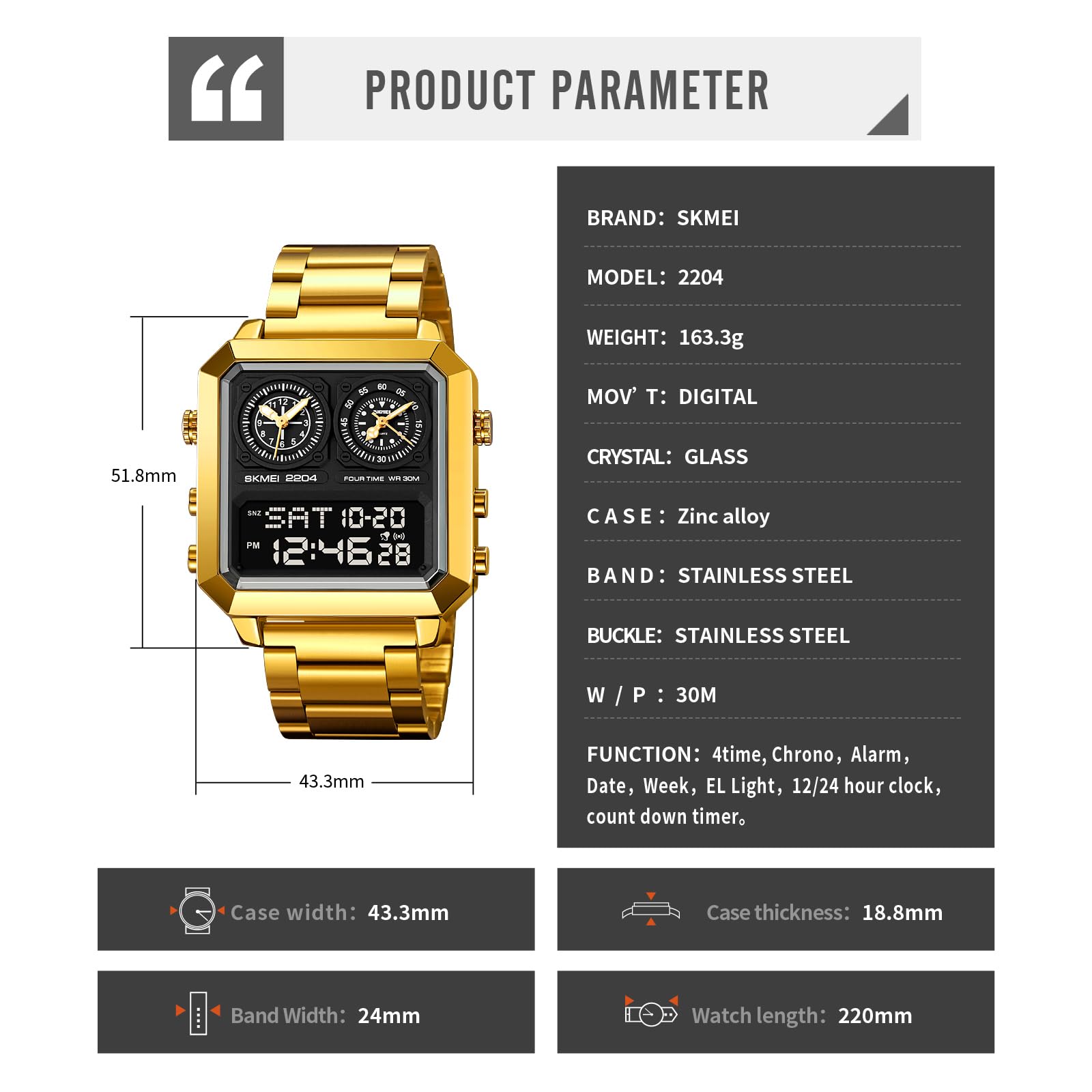 Orologio da uomo multifunzione, digitale, analogico, alla moda, casual, con luce EL, quadrante quadrato, doppio timer, conto alla rovescia, impermeabile, cinturino in acciaio inox color oro rosa