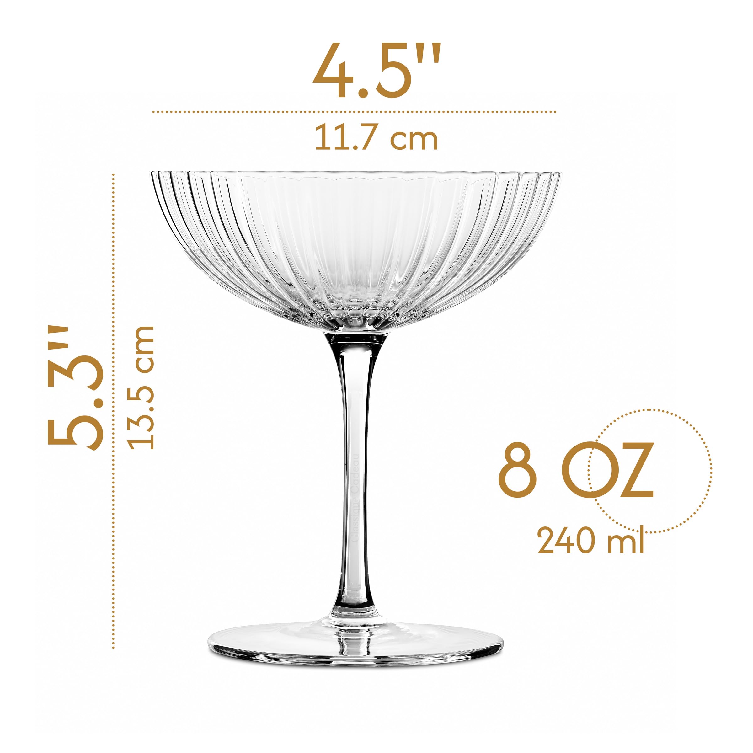 Coupes à Cocktail Coquillage Venus | Lot de 4 | 240 ml | Coupes à Champagne en Cristal Côtelé pour P-Star, Espresso Martini, Margarita, Daiquiri, Cosmopolitan, Gimlet | Verrerie Cadeau Élégante