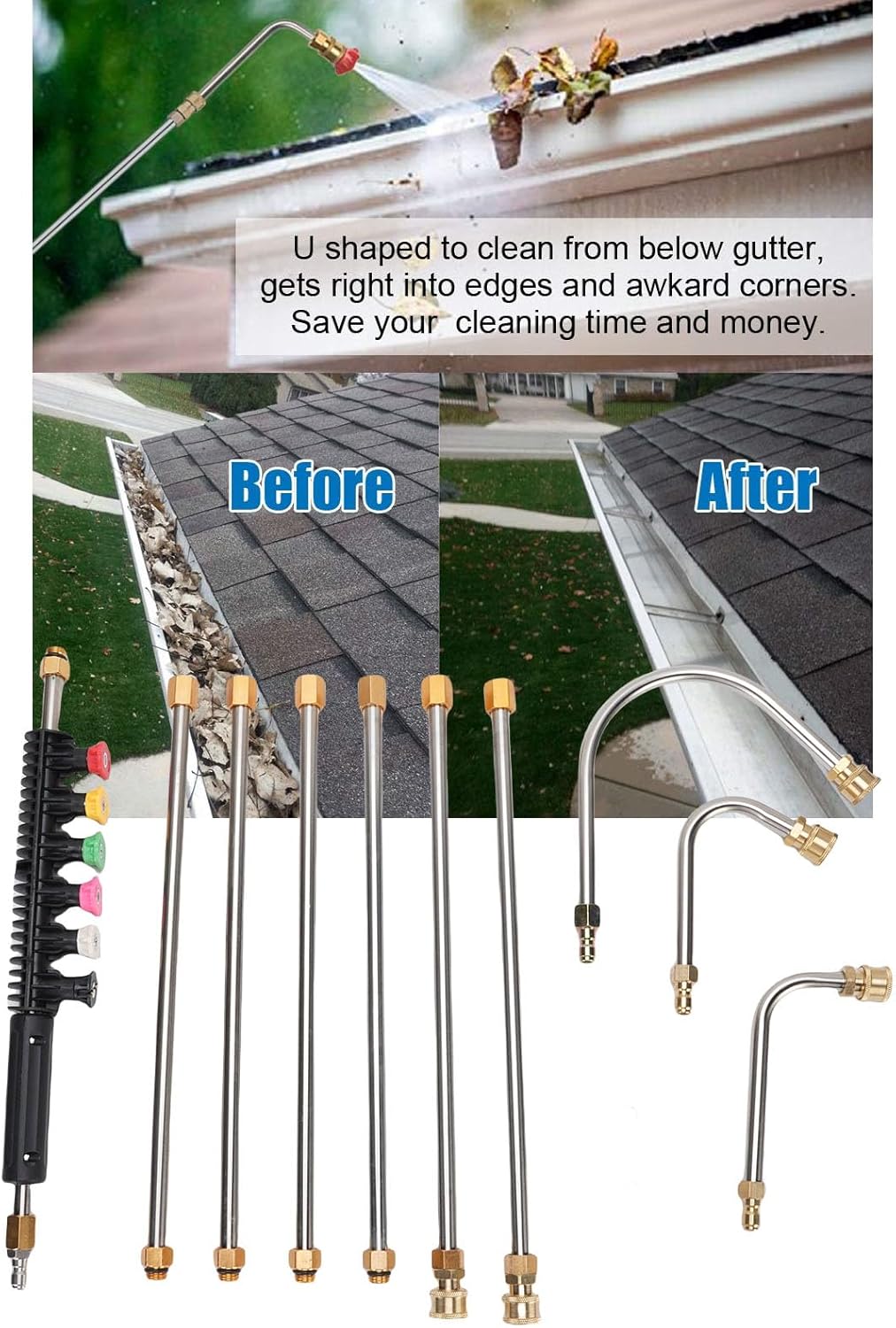 Pressure Washer Extension Wand Set, 4000PSI Power Washer Lance with 60° 90° Curved 60° Large U Rods and 6 Spray Nozzle Tips, Complete Spray Kit Replacement