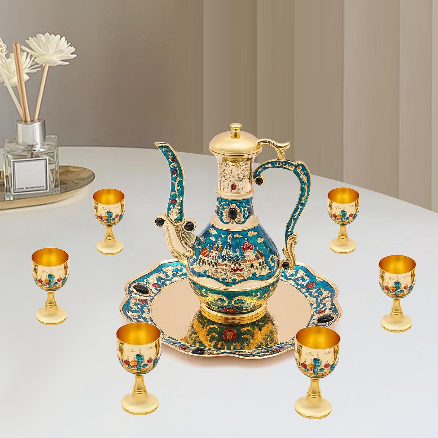 Vintage Coffee Pot Tea, Crafts Teapot and Cup Set, Tea Service Set for Tea Table Decor, Vintage Tea Set with Cups, Turkish Tea Set, for Living Room, Dining Room, Bedroom, Coffee Shop (Gold, Blue)