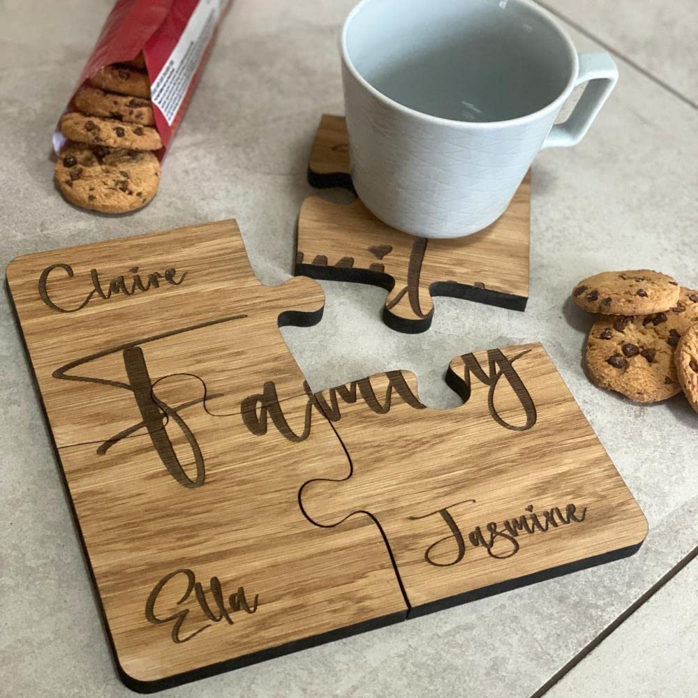 Personalised Family Names Jigsaw Coaster Set, Engraved Wooden Coaster, Gift For Family, New Home Gift, Set of 4