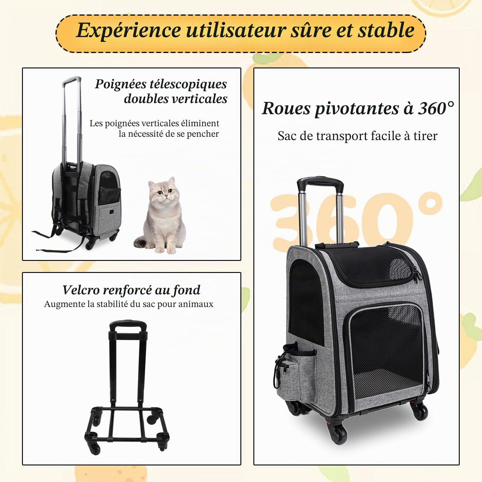 Sac à dos chat transport, transport chat, roues de transport, sac à dos pour chiens avec roues, convient pour chiens et chats jusqu'à 15 kg, idéal pour les promenades, les voyages et les visites chez