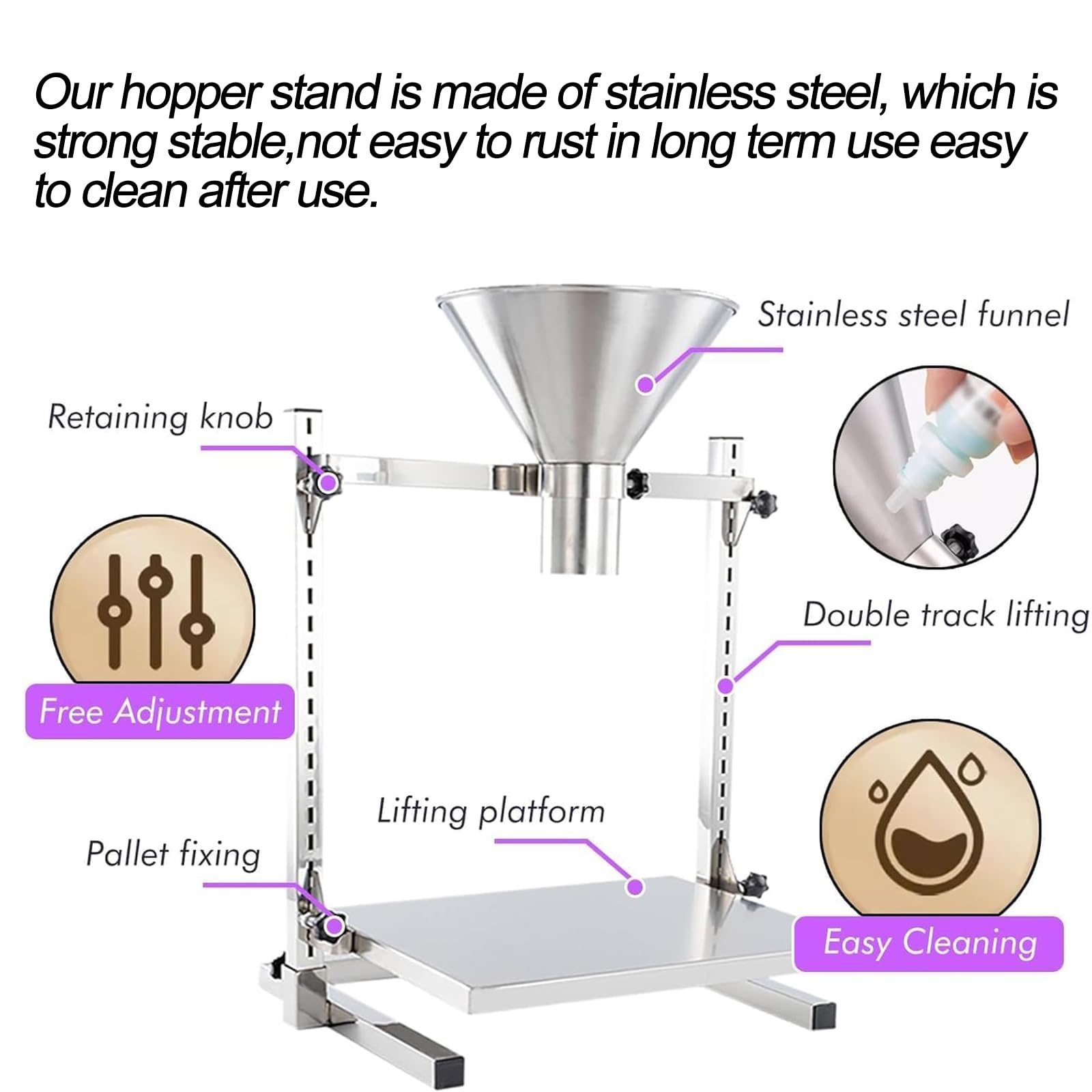 MObyat Embudo De Llenado Manual, Tolva De Alimentación De Acero Inoxidable 304 con Soporte, Bandeja Elevable Ajustable, Diseño De Boca Ancha, Tamaño del Puerto De Descarga De 6 Cm (Opcional)