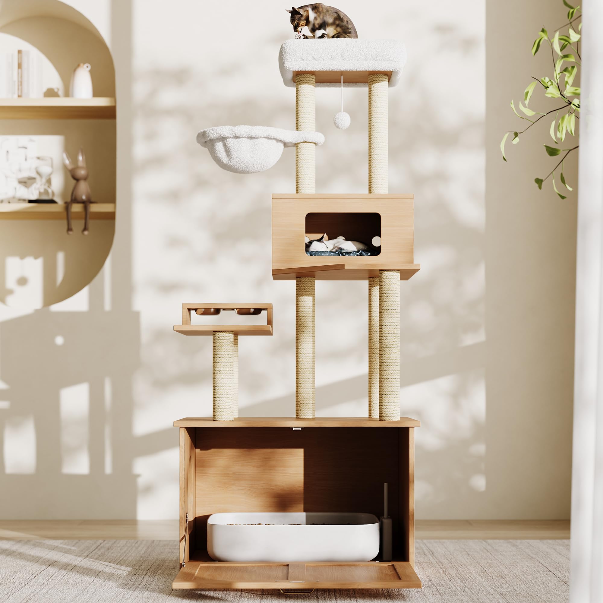 Tiragraffi alto 173 cm, cuccia per gatti con grande piattaforma, mangiatoia, 1 amaca e armadietto per gatti (senza lettiera), albero tiragraffi per gatti grandi e gattini, legno naturale