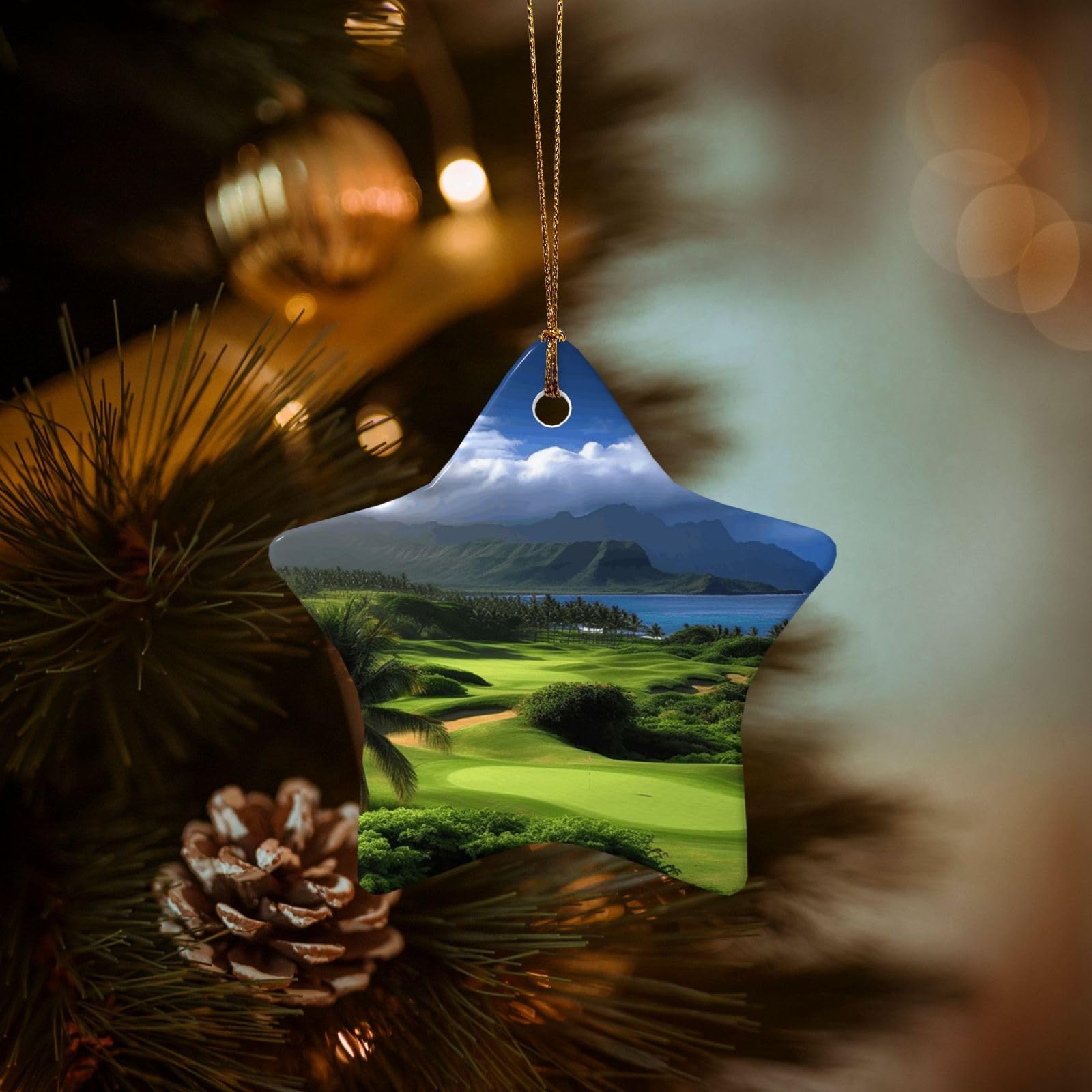 Christmas Tree Ornaments Ceramics Christmas Decorations Scenic Hawaii Golf Tropical Ornaments with Gold Ribbon Porcelain Xmas Tree Crafts Star Shape Hanging Pendant for Christmas Tree Party Decor
