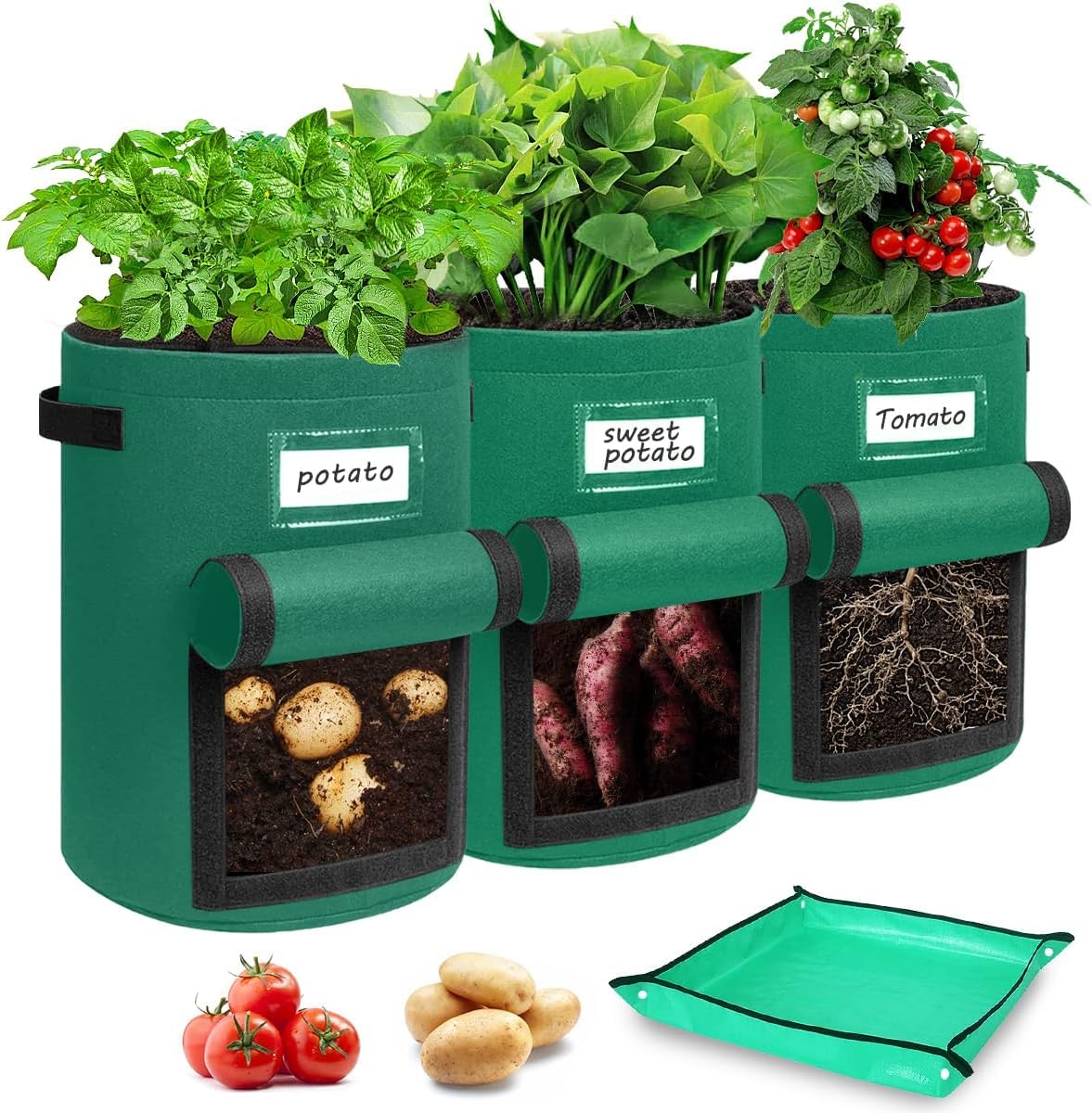 Airminti 3er Set Kartoffel Pflanzsack 50L (13 Gallonen) - Premium Vliesstoff Kartoffelsack mit Erntefenster, Pflanzmatte & Verstärkten Griffen - Pflanztasche für Kartoffeln, Tomaten & Gemüse (Grün)