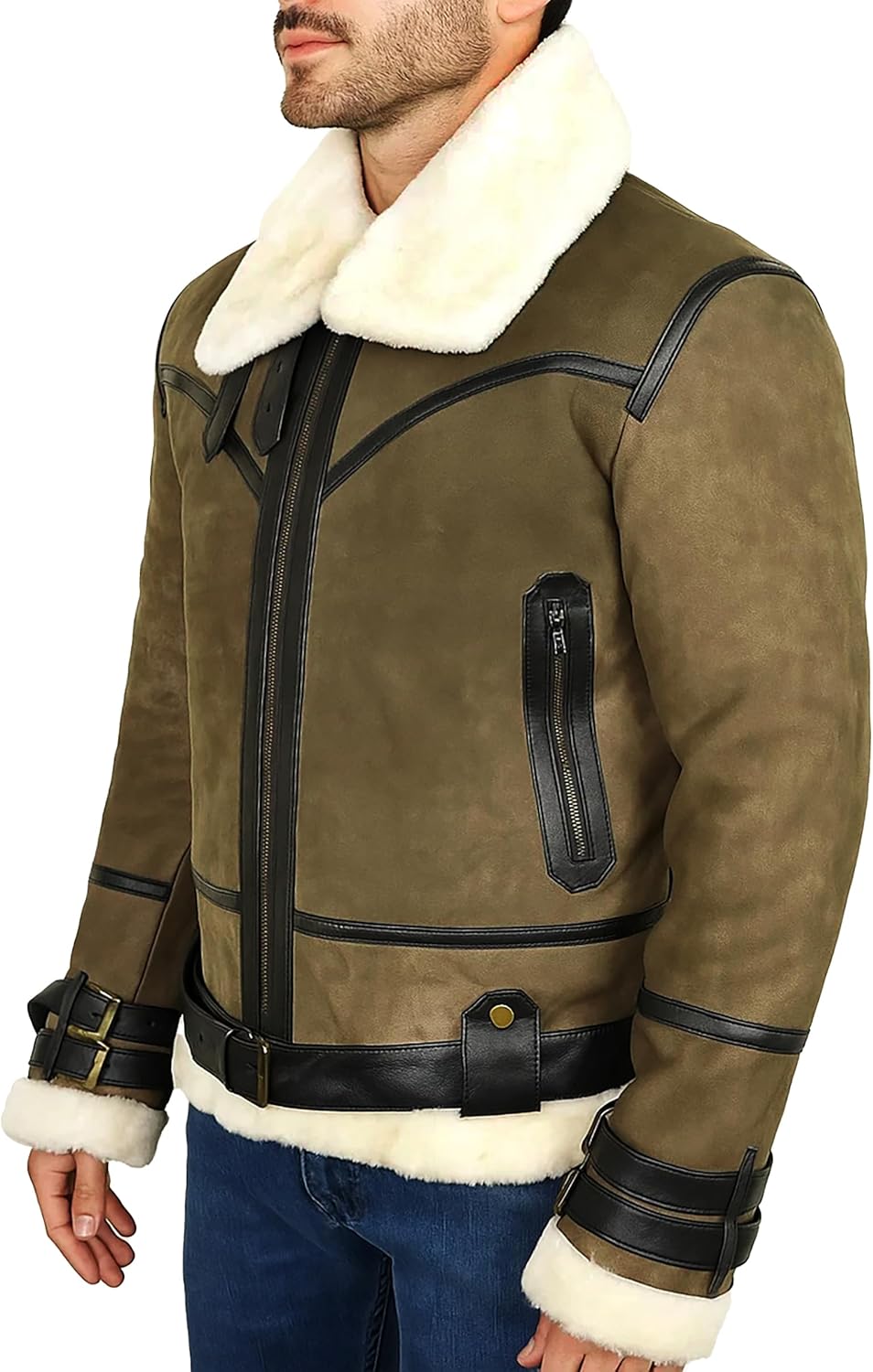 Men’s Winter Aviator B3 Bomber Jacket - Real Sheepskin Leather Fur Shearling Pilot Flying Brown Leather Coat - Image 4