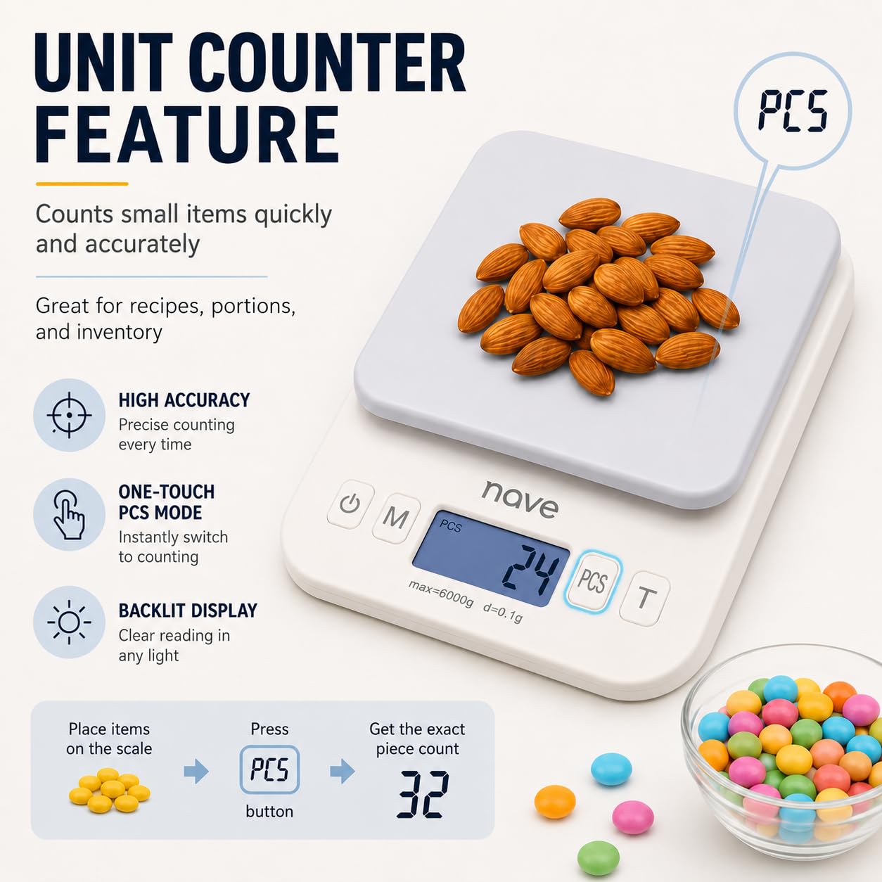 Nave Báscula digital de cocina, 6 kg/0,1 g, báscula de alimentos de alta precisión con pantalla LCD, múltiples unidades (g/oz/ml/lb), funciona con pilas, ideal para hornear, cocinar y controlar el