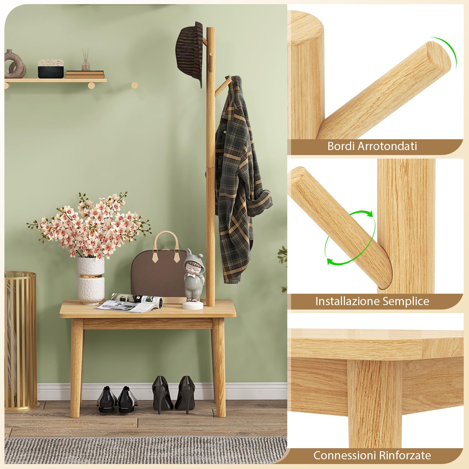 COSTWAY Appendiabiti in Legno con Tavolino, 2 in 1 Appendiabiti con Panca per Scarpe, 3 Ganci per Cappelli, Borse e Giacche, Attaccapanni per Camera Salotto Corridoio, Carico 140 kg (Naturale)