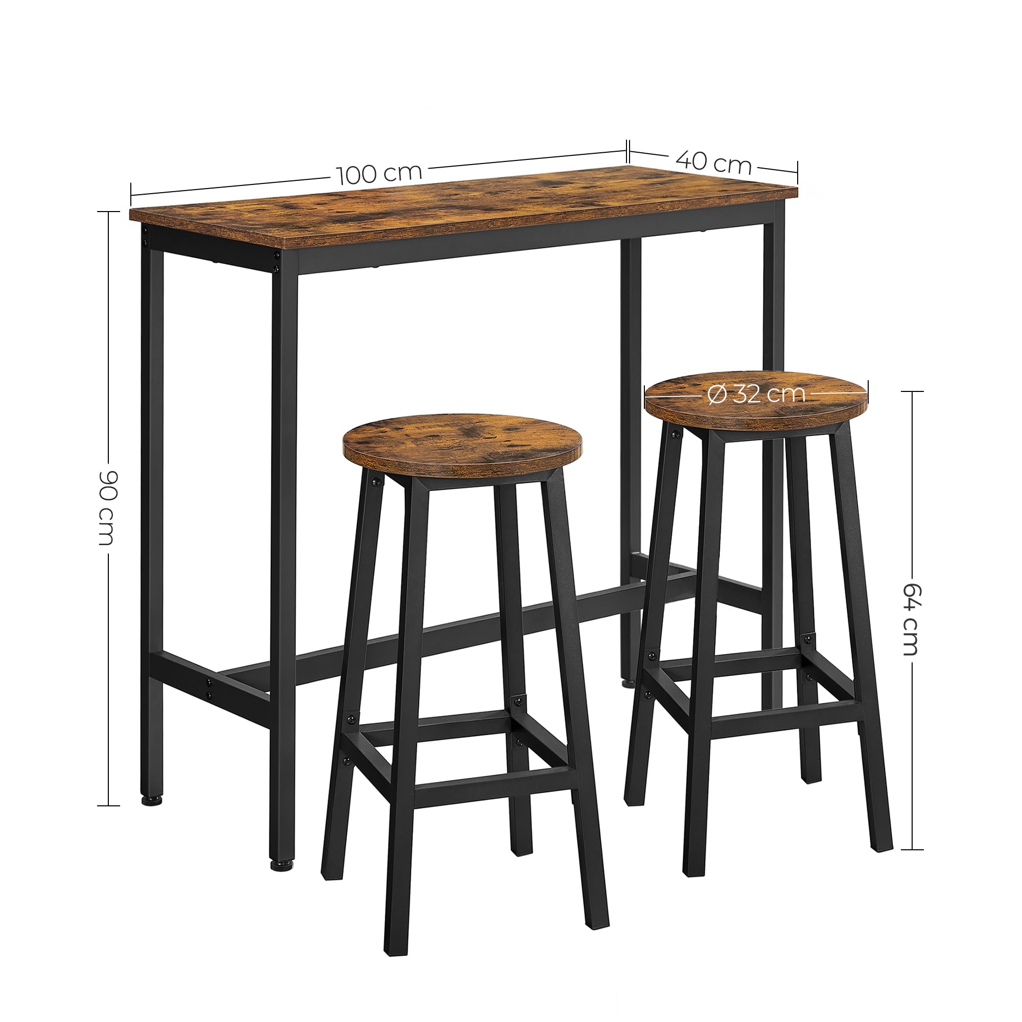 VASAGLE Bartisch mit Barhocker Set, Essgruppe, Stehtisch mit 2 runden Stühlen, Stahlgestell, Industrie-Design, vintagebraun-tintenschwarz LBT219B01