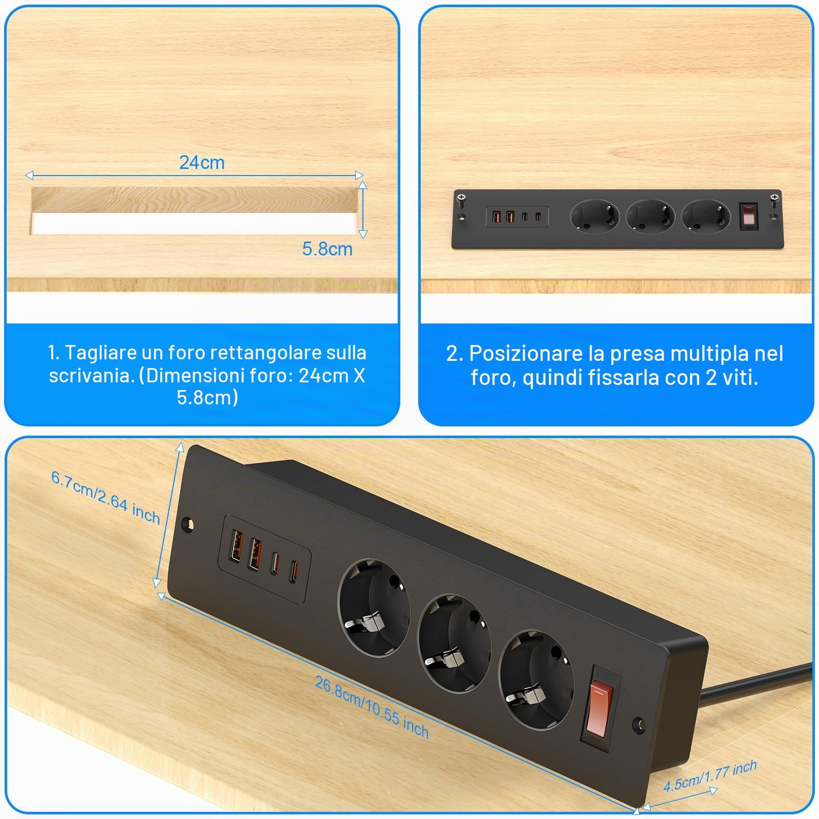 Presa da incasso con 65 W USB-C, 3 prese e 4 porte USB, Sewingvr Versenkbare Tischsteckdose, Einbauleiste per scrivania/ufficio/cucina, cavo da 1,8 m, nero