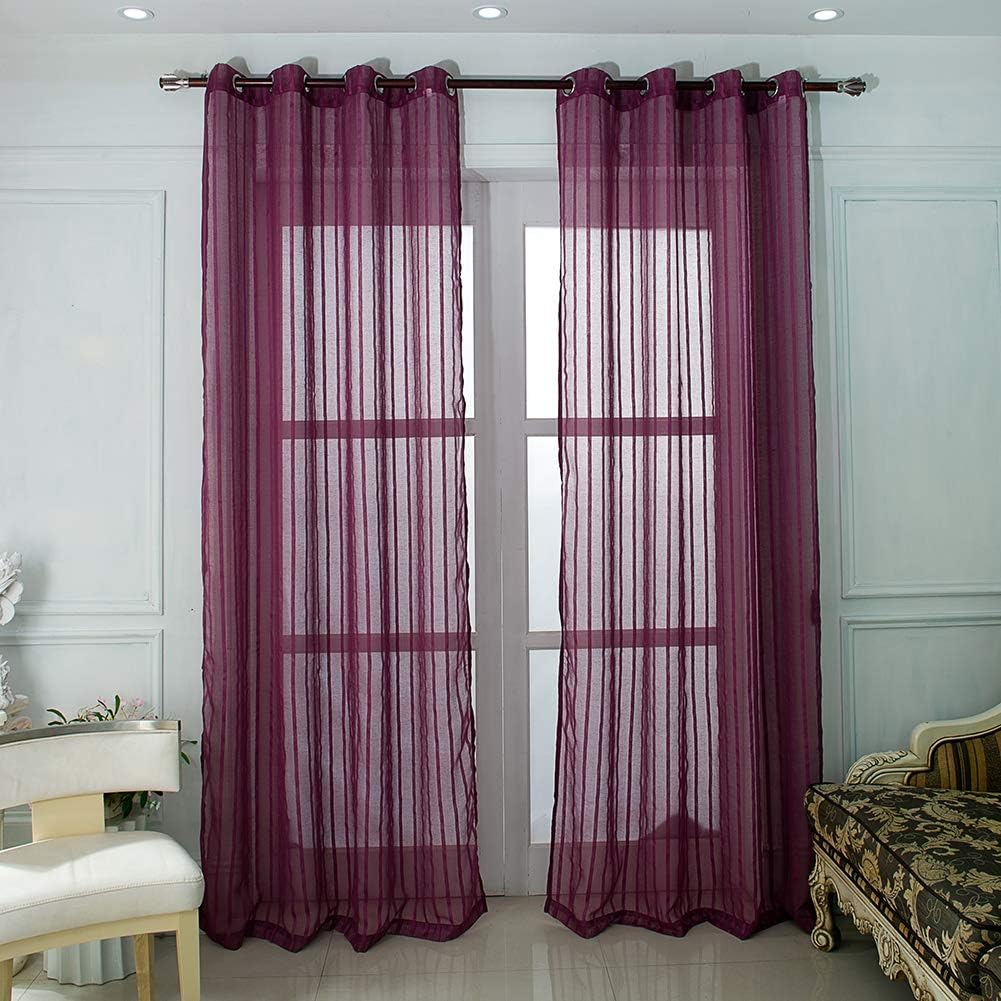 BOYOUTH Modern Style Vertical Stripe Sheer Voile Curtains,Grommets Top Window Drapes for Bedroom,Study,Living Room,Purple,78 by 106 Inches,2 Panels